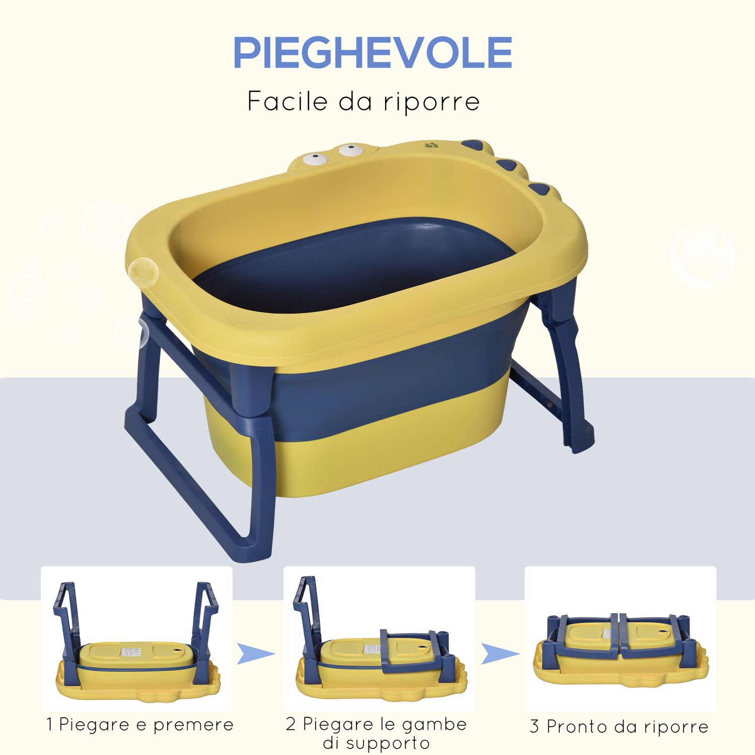 Vaschetta bagnetto neonato pieghevole con supporto antiscivolo per neonati e bambini di 0-6 anni con foro di scarico, 75.3x55.4x43cm, blu e giallo - 