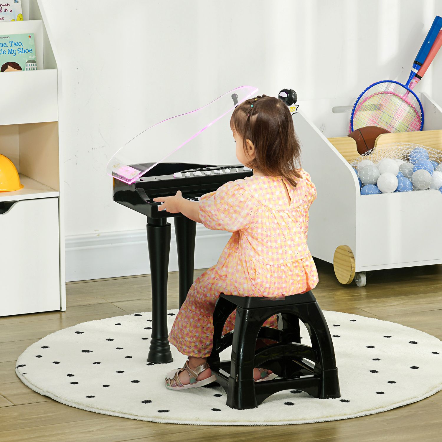 Pianoforte per bambini a 32 tasti con sgabello, microfono, musiche, luci e gambe rimovibili, nero - 