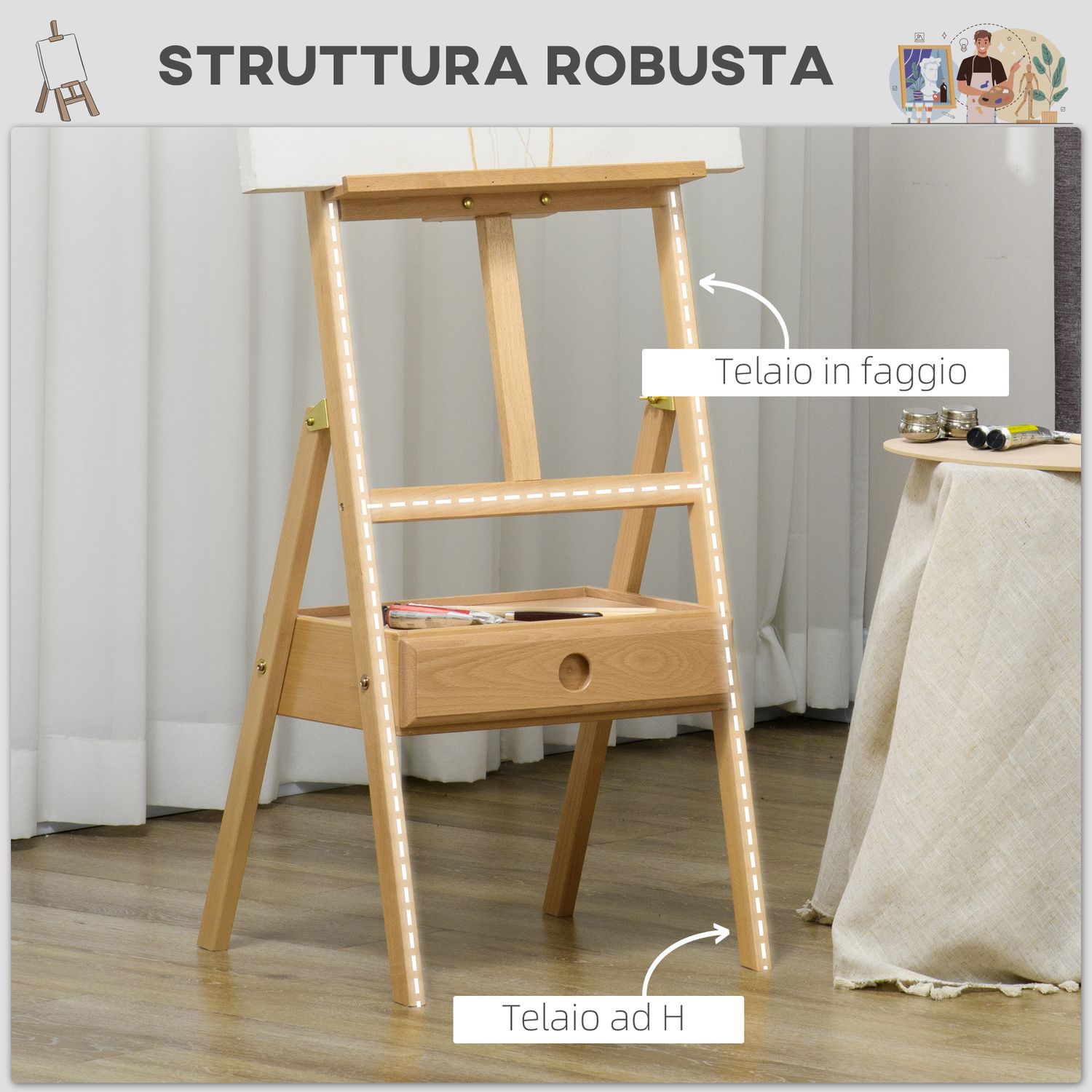 Cavalletto da pittore ad altezza regolabile con cassetto, in legno di faggio, 43.5x43x150-190 cm - 