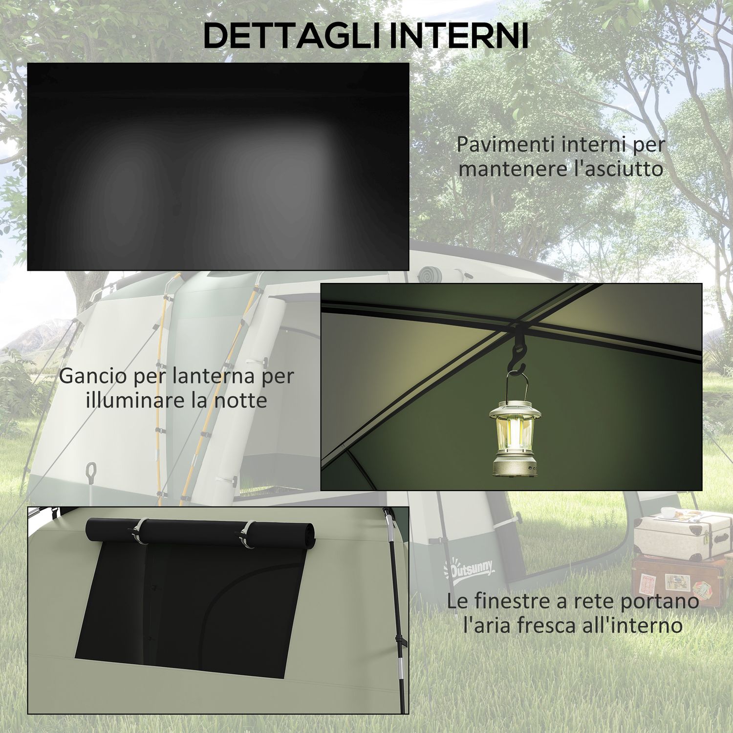 Tenda da campeggio 4 posti impermeabile con zona notte e zona giorno, in poliestere, 460x300x200 cm, verde - 