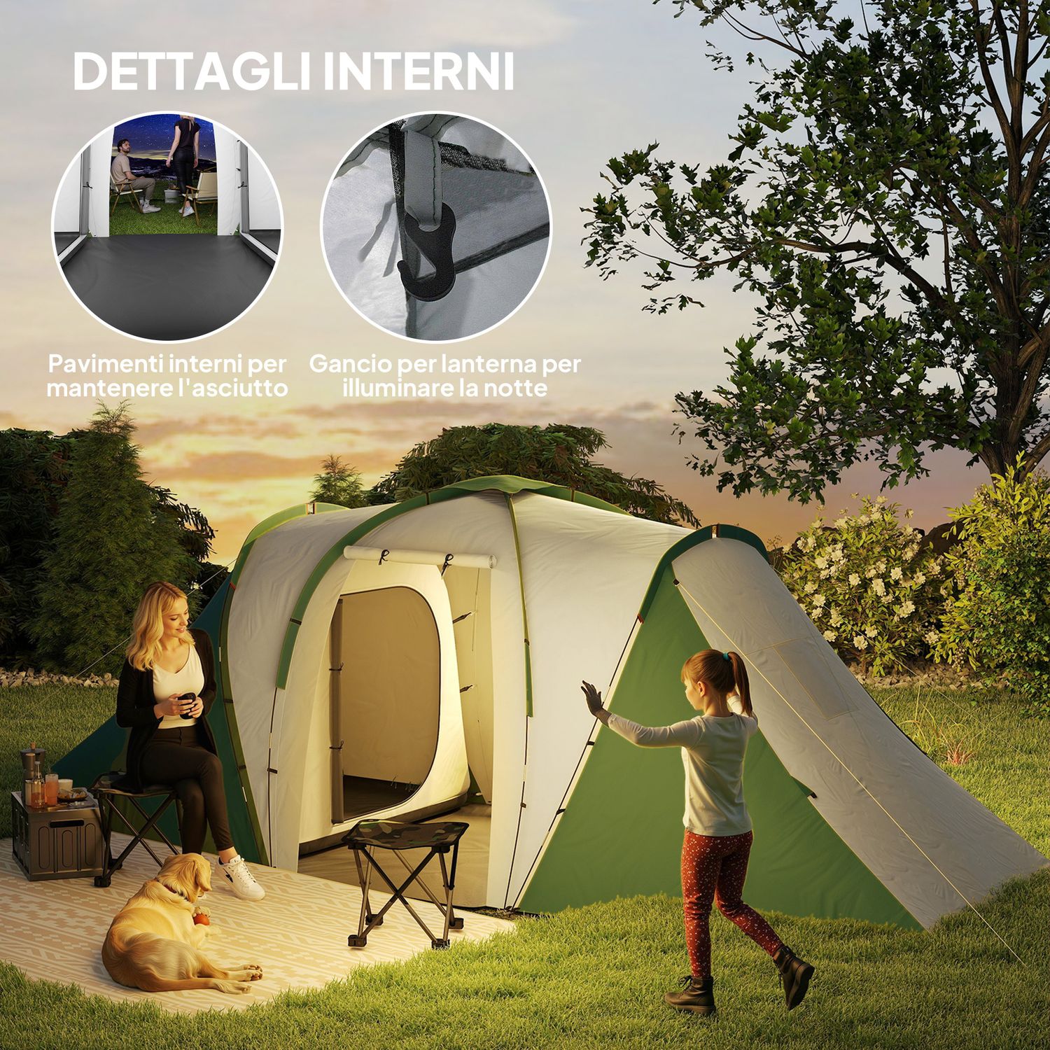 Tenda da campeggio 4-6 persone con 2 camere, in poliestere e fibra di vetro, 555x225x190 cm, grigio e verde - 