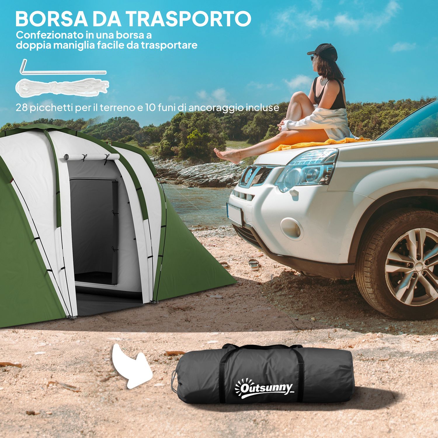 Tenda da campeggio 4-6 persone con 2 camere, in poliestere e fibra di vetro, 555x225x190 cm, grigio e verde - 