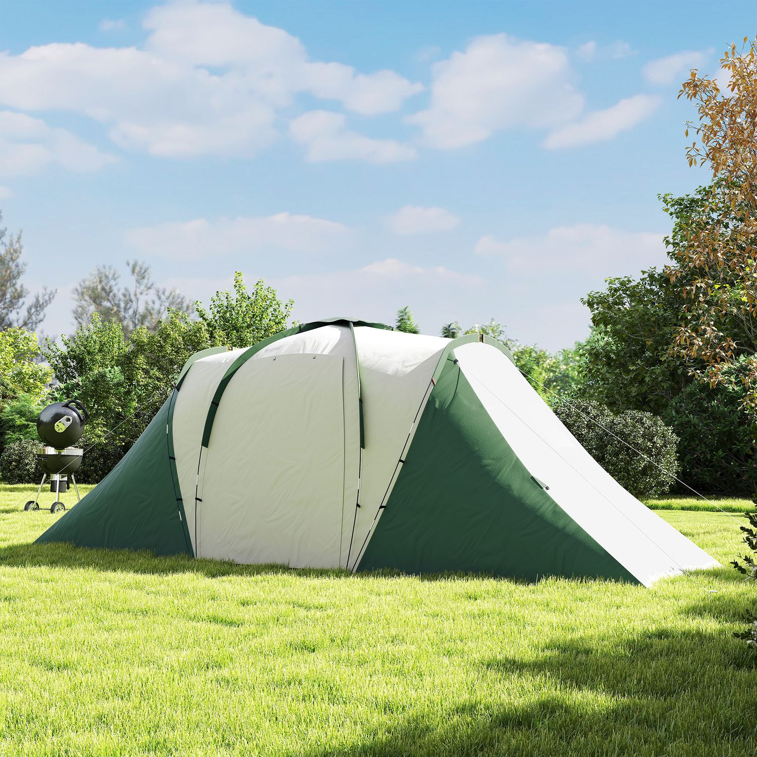 Tenda da campeggio 4-6 persone con 2 camere, in poliestere e fibra di vetro, 555x225x190 cm, grigio e verde - 