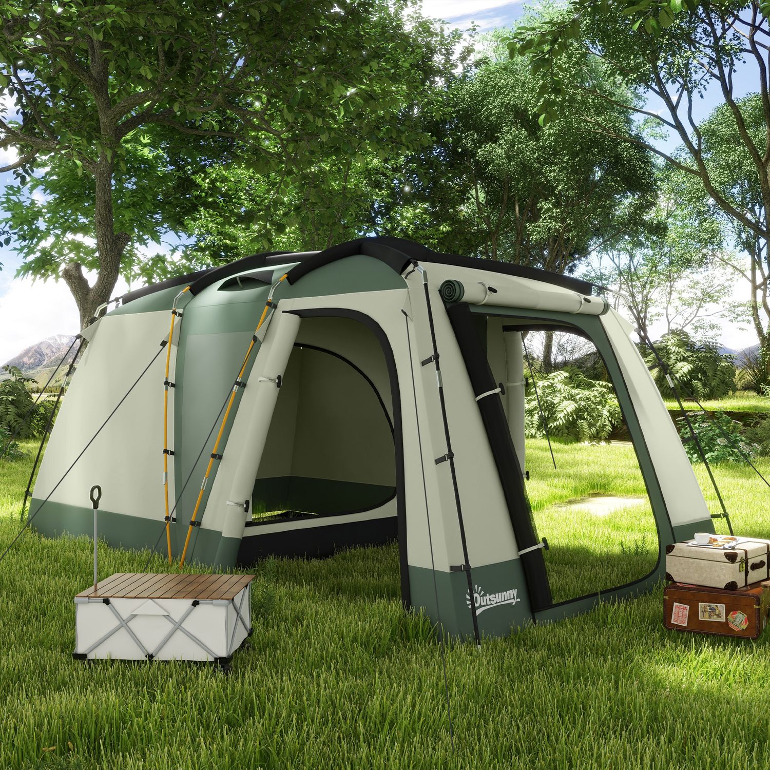 Tenda da campeggio 4 posti impermeabile con zona notte e zona giorno, in poliestere, 460x300x200 cm, verde - 