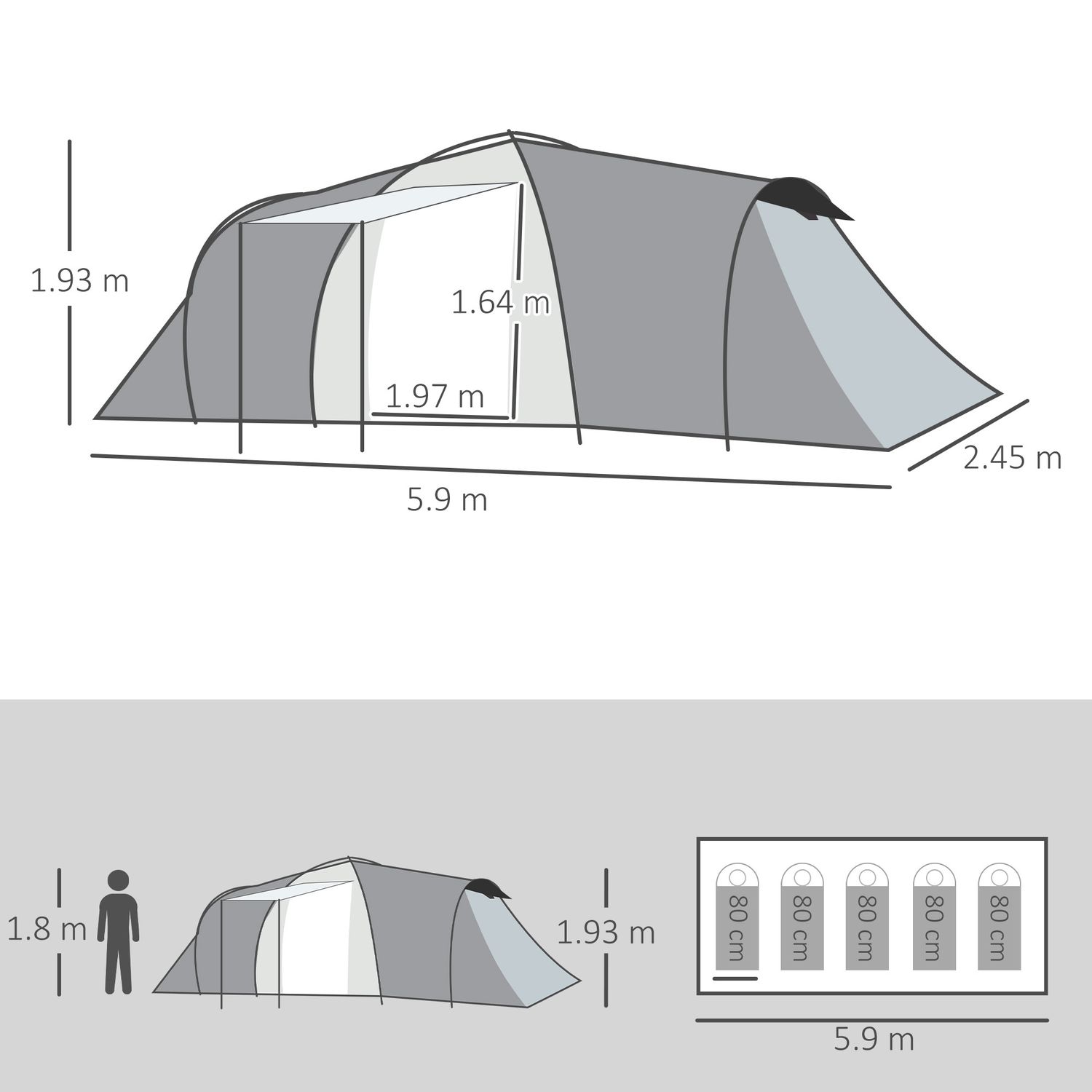 Tenda da campeggio 5 posti con 2 camere impermeabile con baldacchino, 590x245x193 cm, grigio - 