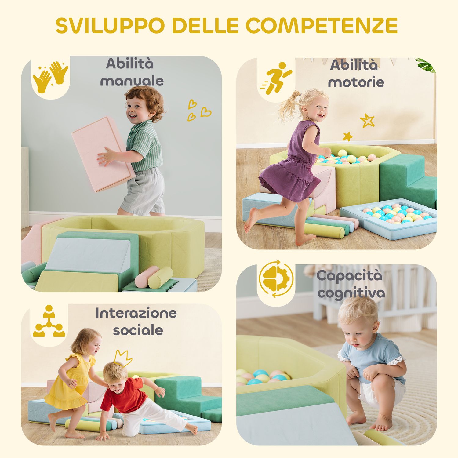Set 15 blocchi di costruzioni morbide modulabili per bambini con 200 palline per uso interno, multicolore - 