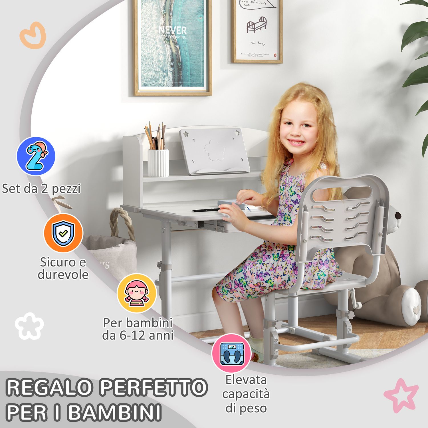 Set scrivania per bambini con sedia regolabile in altezza e piano inclinabile, età 6-12 anni, grigio - 