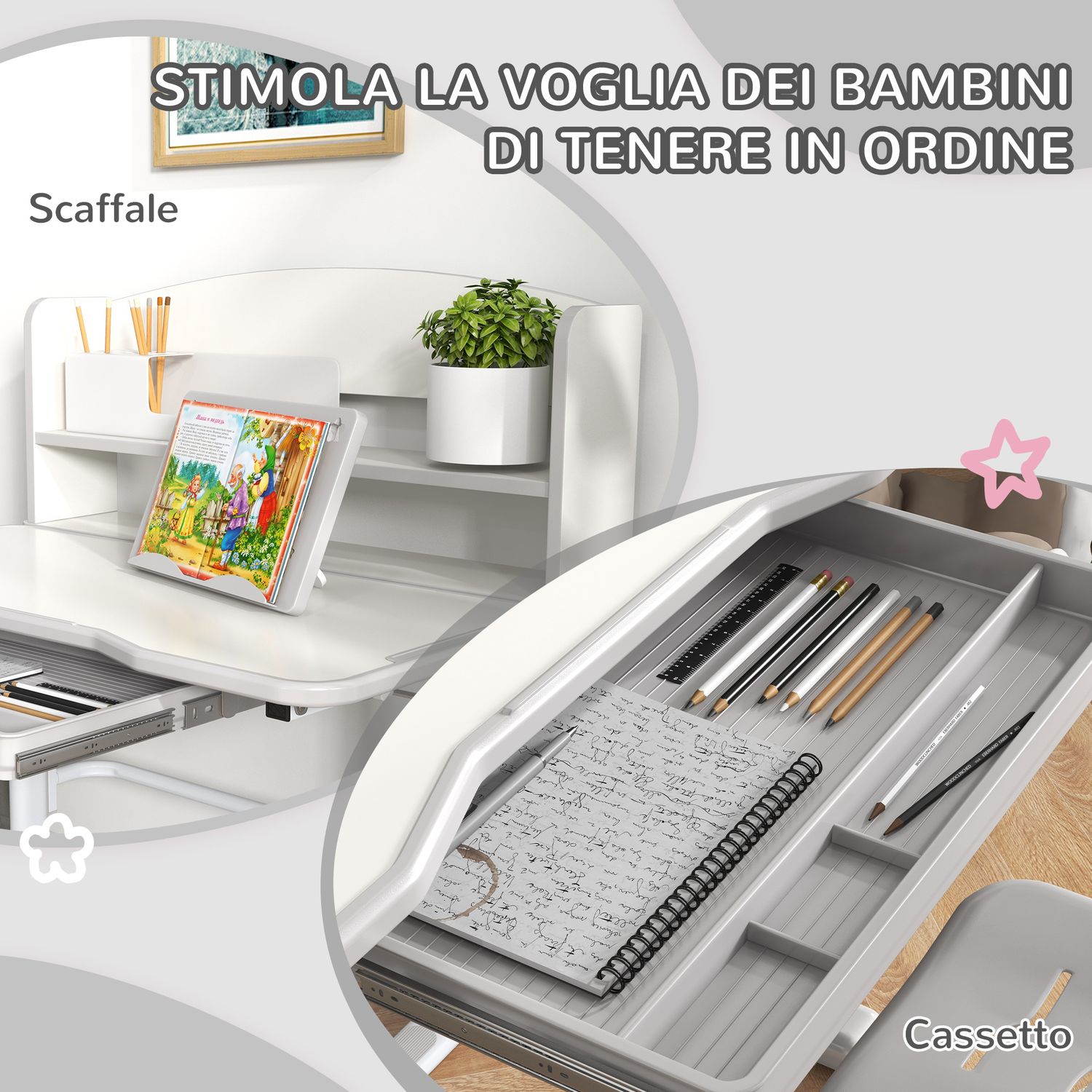 Set scrivania per bambini con sedia regolabile in altezza e piano inclinabile, età 6-12 anni, grigio - 