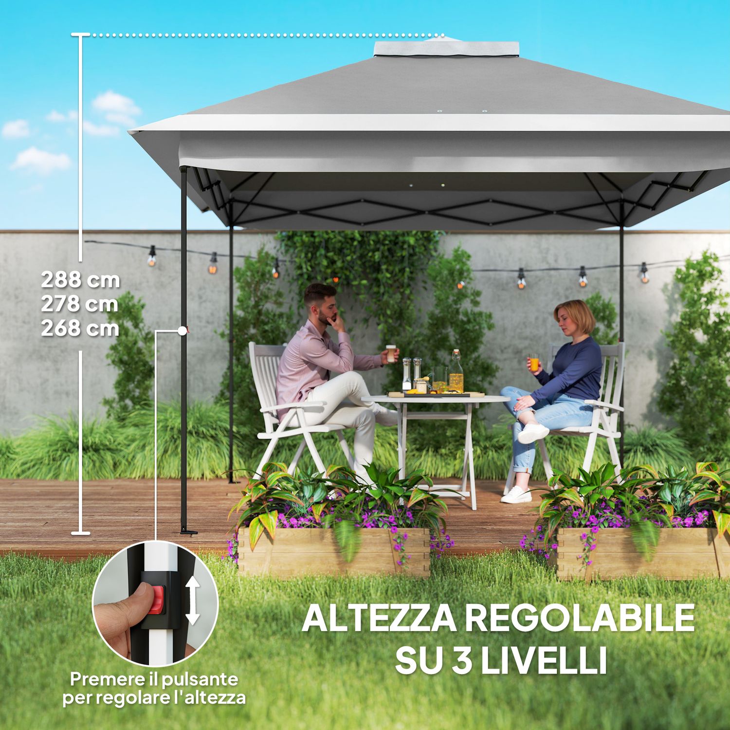 Gazebo da esterno ad altezza regolabile con zanzariere, in metallo e tessuto oxford, 3.3x3.3x2.8 m, grigio scuro - 