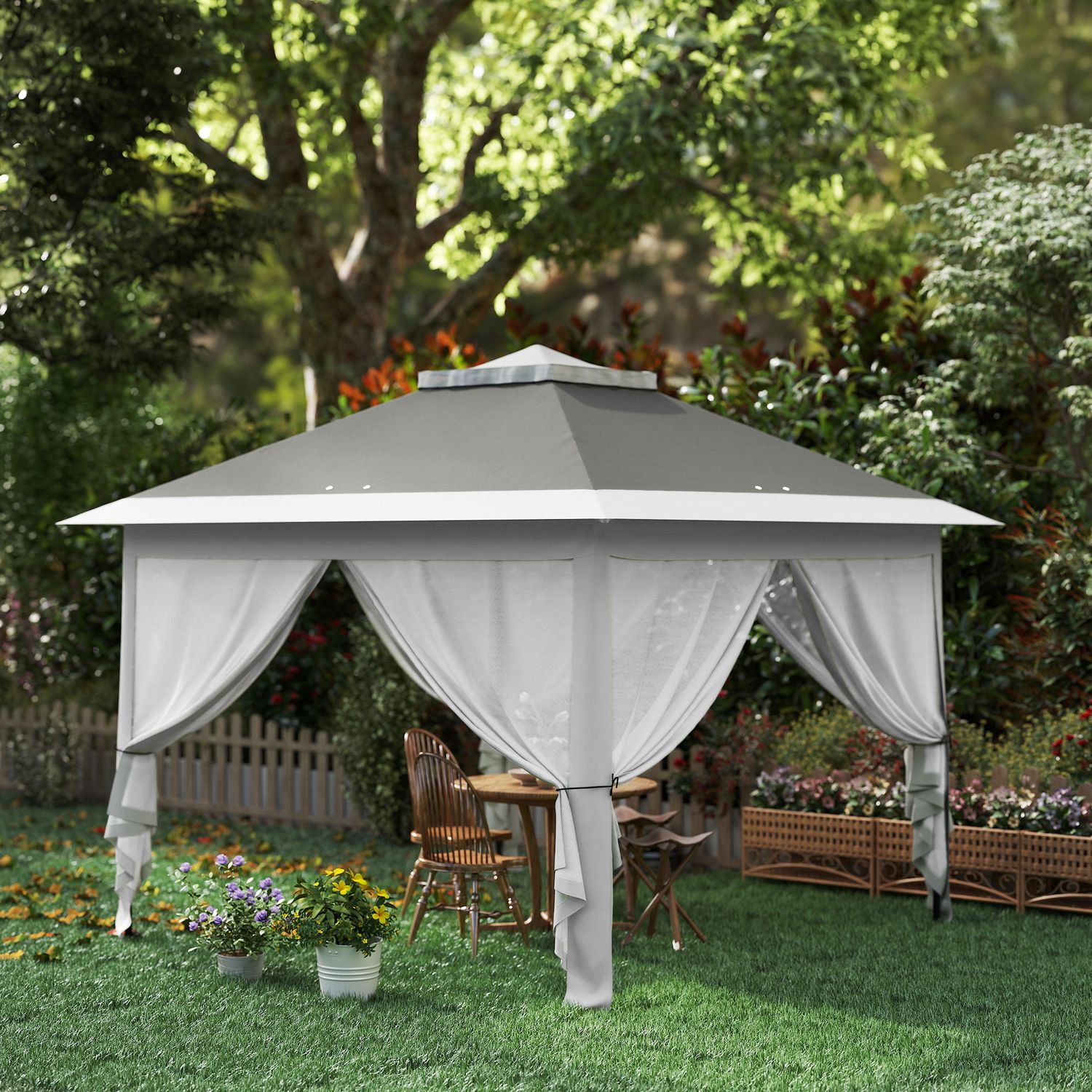 Gazebo da esterno ad altezza regolabile con zanzariere, in metallo e tessuto oxford, 3.3x3.3x2.8 m, grigio scuro - 