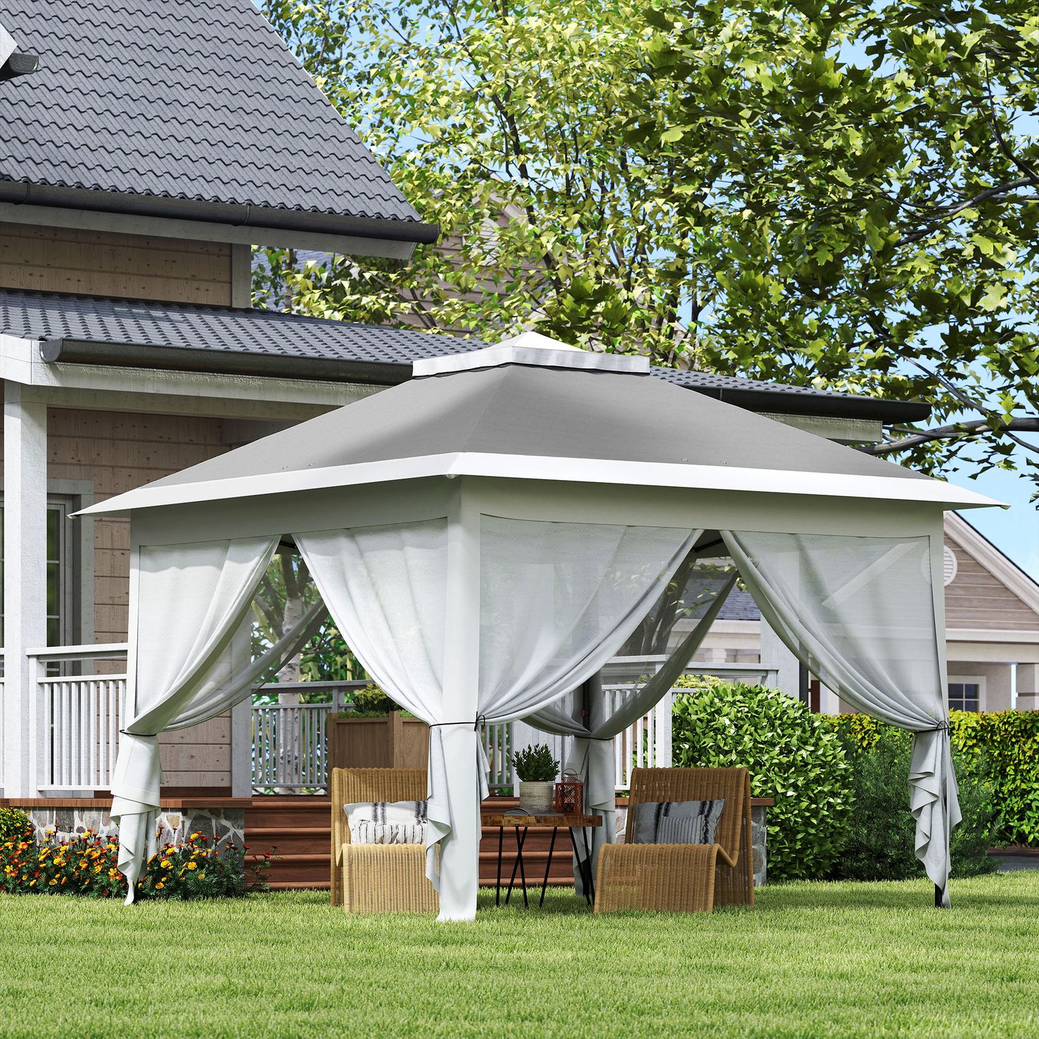 Gazebo da esterno ad altezza regolabile con zanzariere, in metallo e tessuto oxford, 3.3x3.3x2.8 m, grigio scuro - 