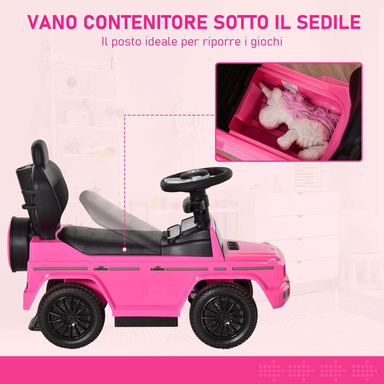 Macchina a spinta per bambini 12-36 mesi con licenza mercedes, tettuccio e maniglia, 85.5x40.5x95 cm, rosa - 