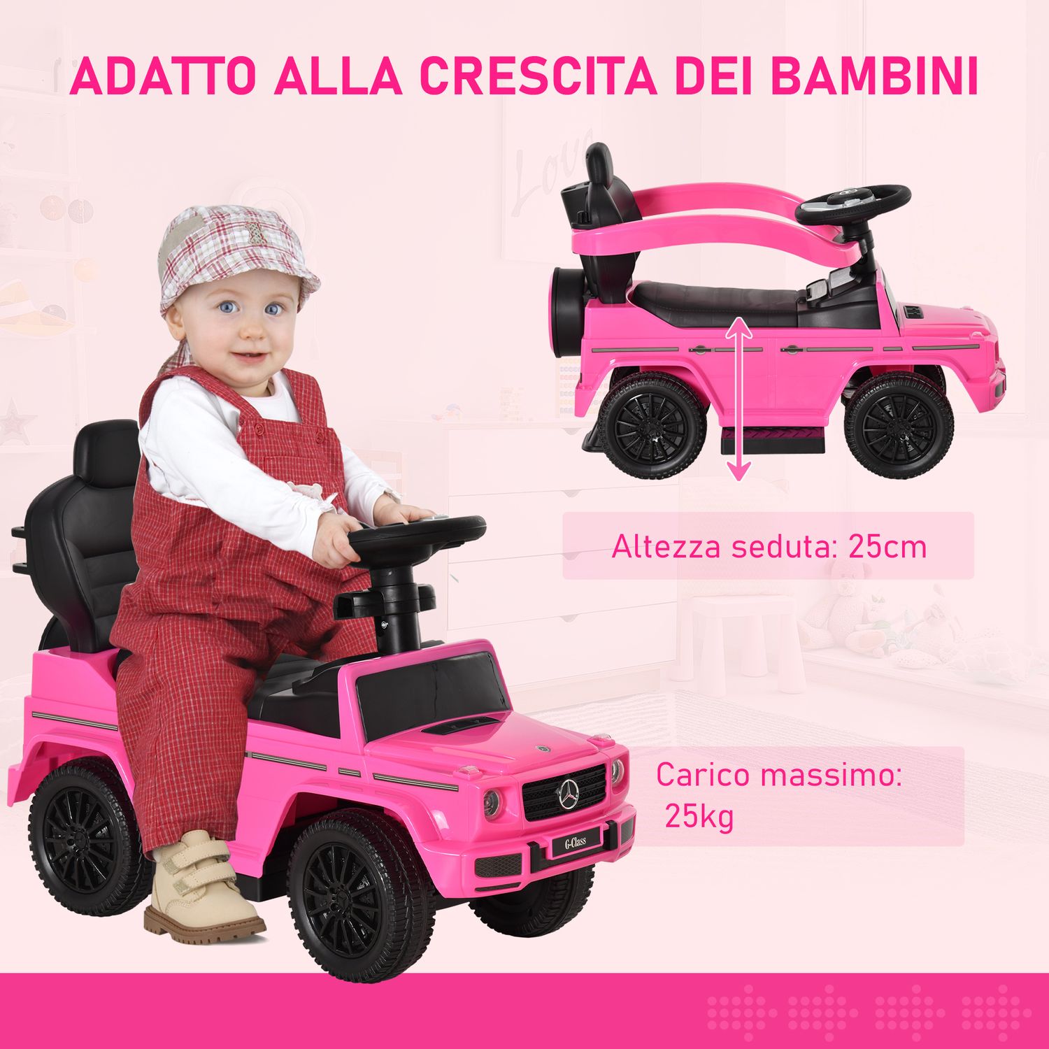 Macchina a spinta per bambini 12-36 mesi con licenza mercedes, tettuccio e maniglia, 85.5x40.5x95 cm, rosa - 