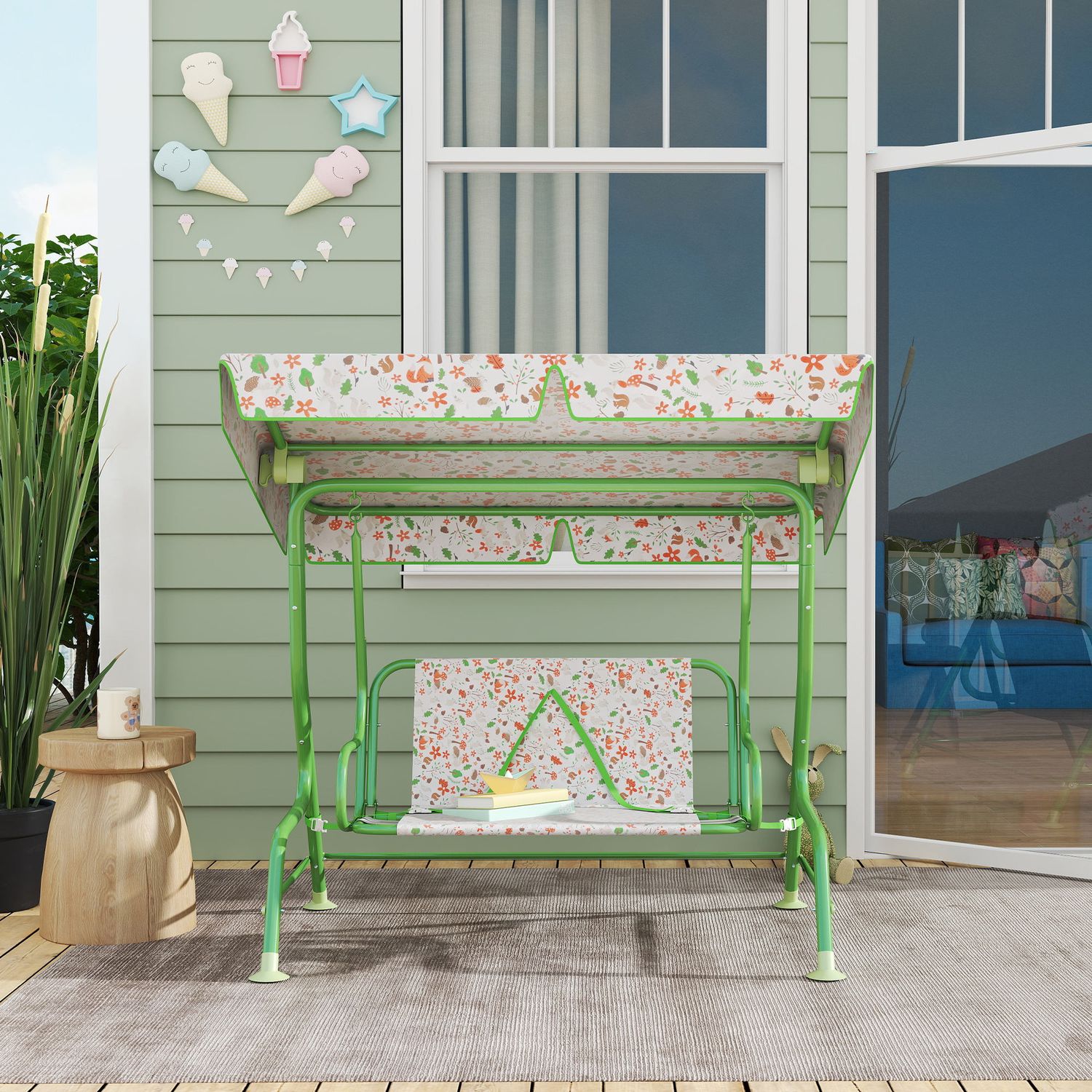 Dondolo per bambini da esterno a 2 posti con tettuccio regolabile e cinture di sicurezza, 112x75x120 cm, verde - 