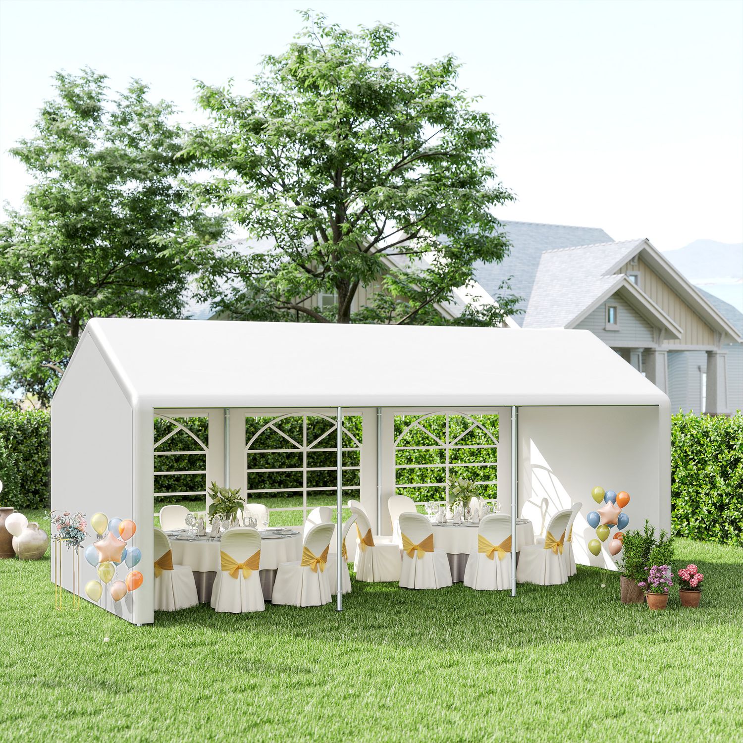 Gazebo da giardino 6x3 m con finestre laterali, 3 stanze e porte a cerniera, bianco - 
