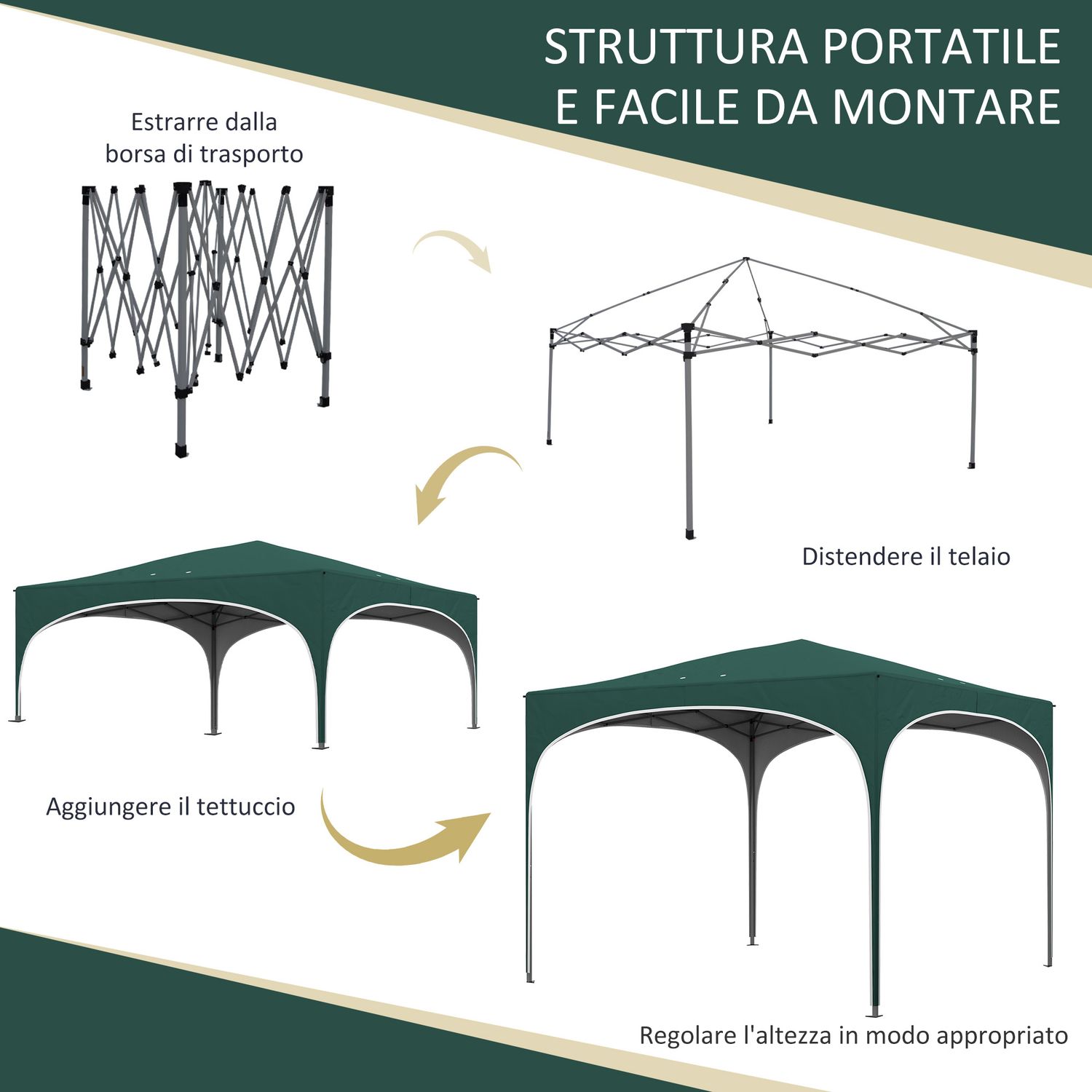 Gazebo da giardino ad altezza regolabile con fori di drenaggio e borsa da trasporto, in metallo, verde - 