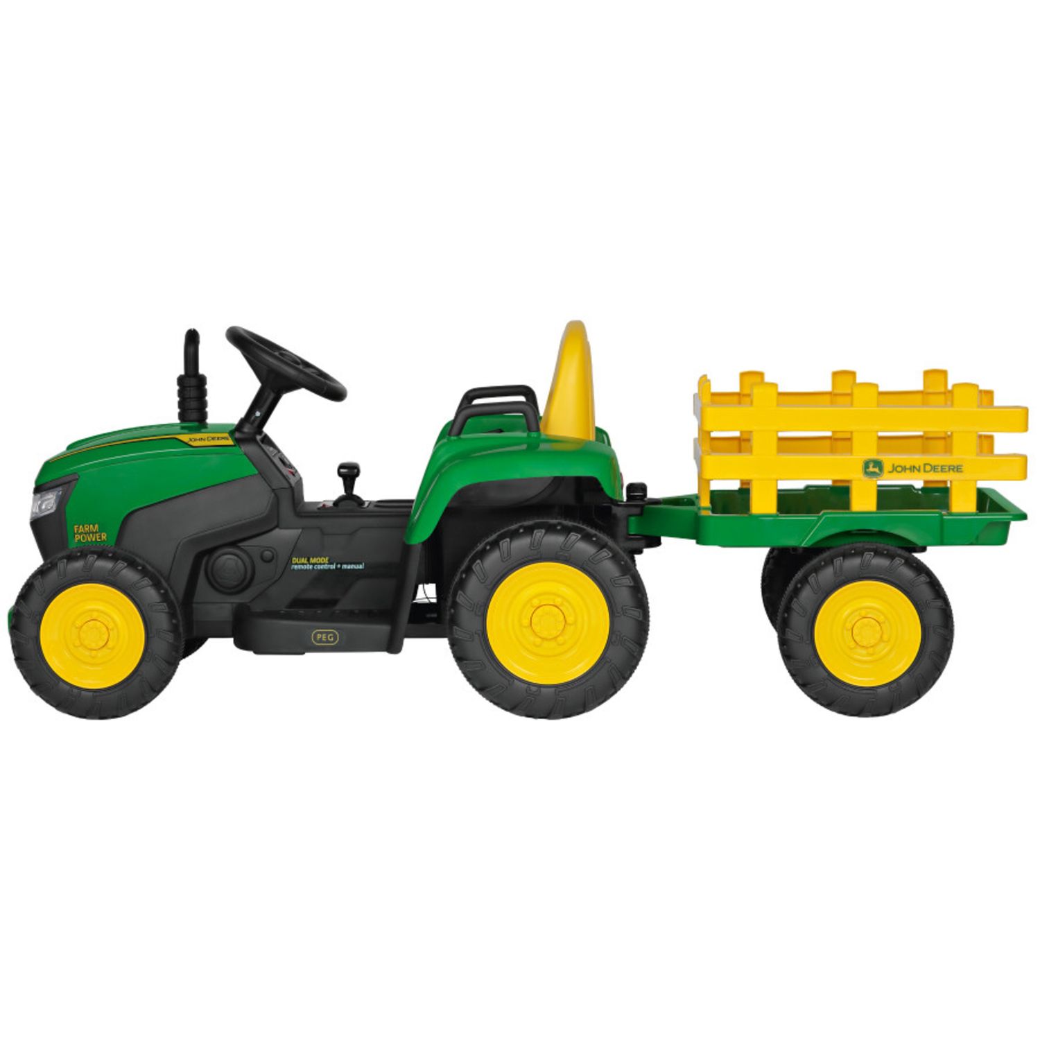 John deere farm power trattore elettrico 12v con rimorchio e radiocomando - JOHN DEERE, Peg Perego