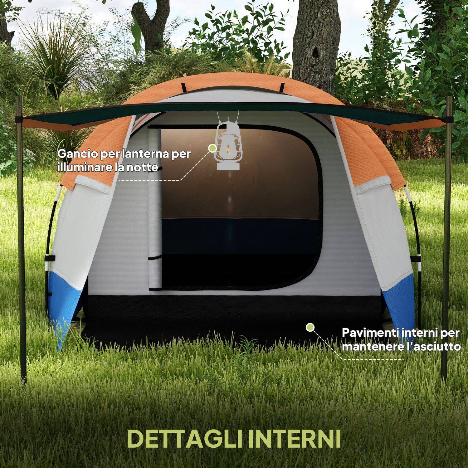 Tenda da campeggio impermeabile con 2 aree e 3 ingressi, poliestere e fibra di vetro, 420x200x150 cm, arancione - 