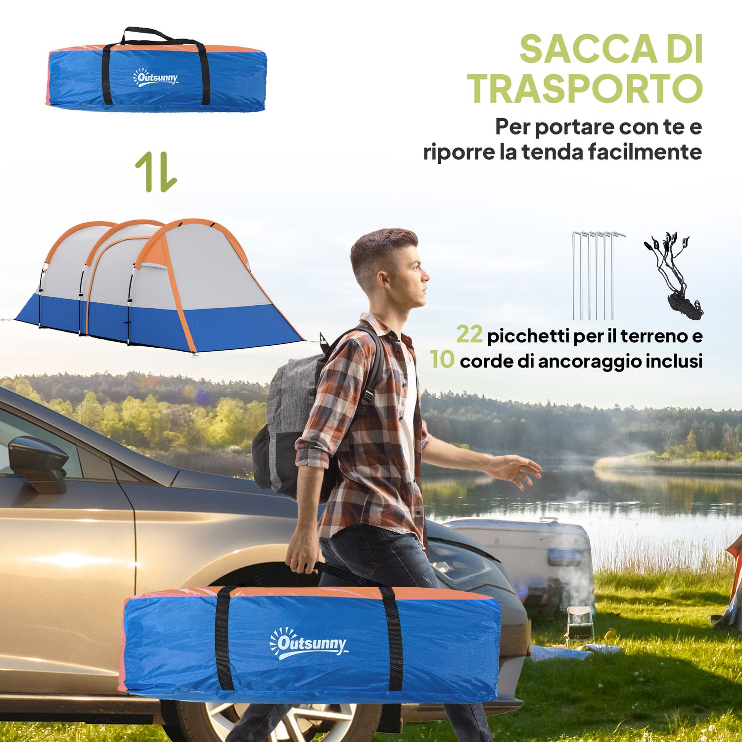 Tenda da campeggio impermeabile con 2 aree e 3 ingressi, poliestere e fibra di vetro, 420x200x150 cm, arancione - 
