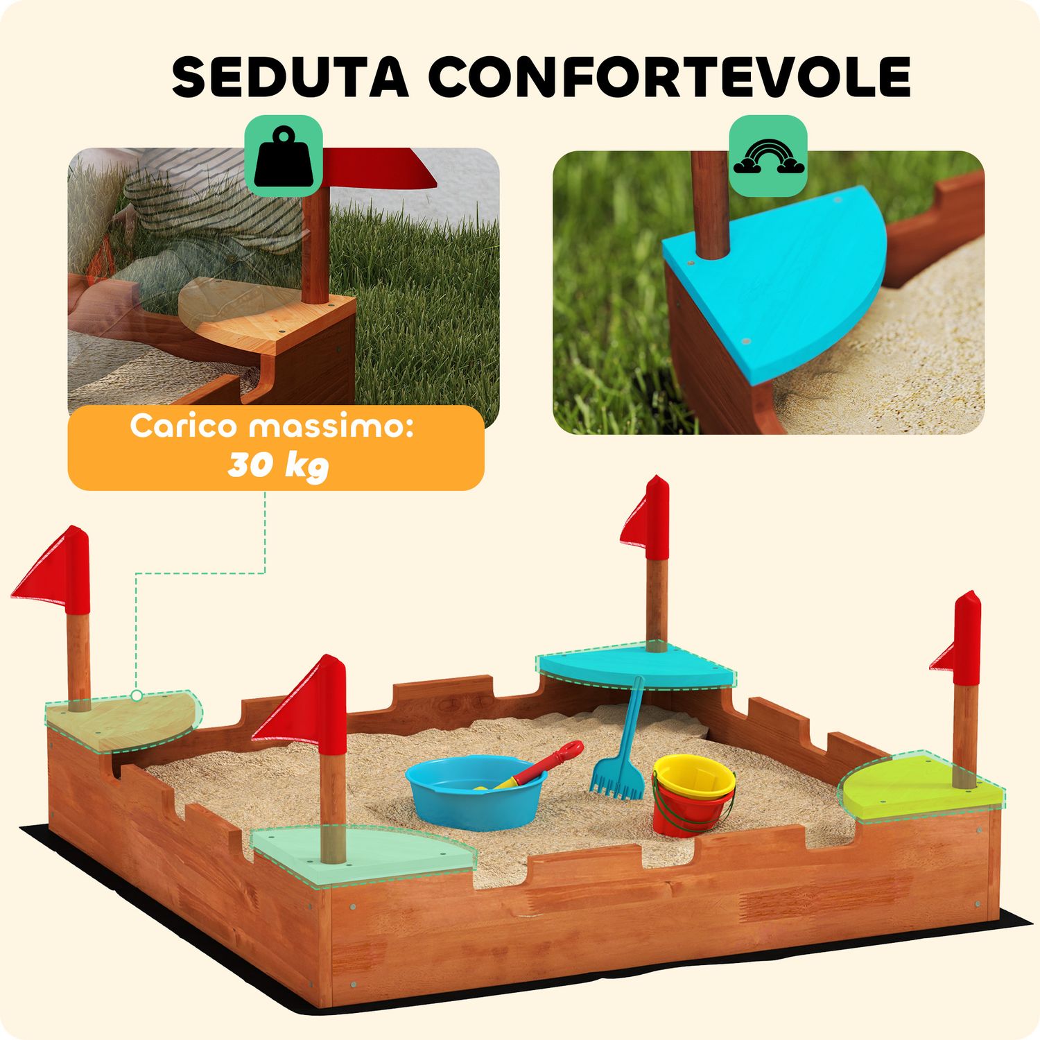 Sabbiera per bambini 3-7 anni a forma di castello con 4 sedute in legno di abete, 90x90x17 cm, multicolore - 