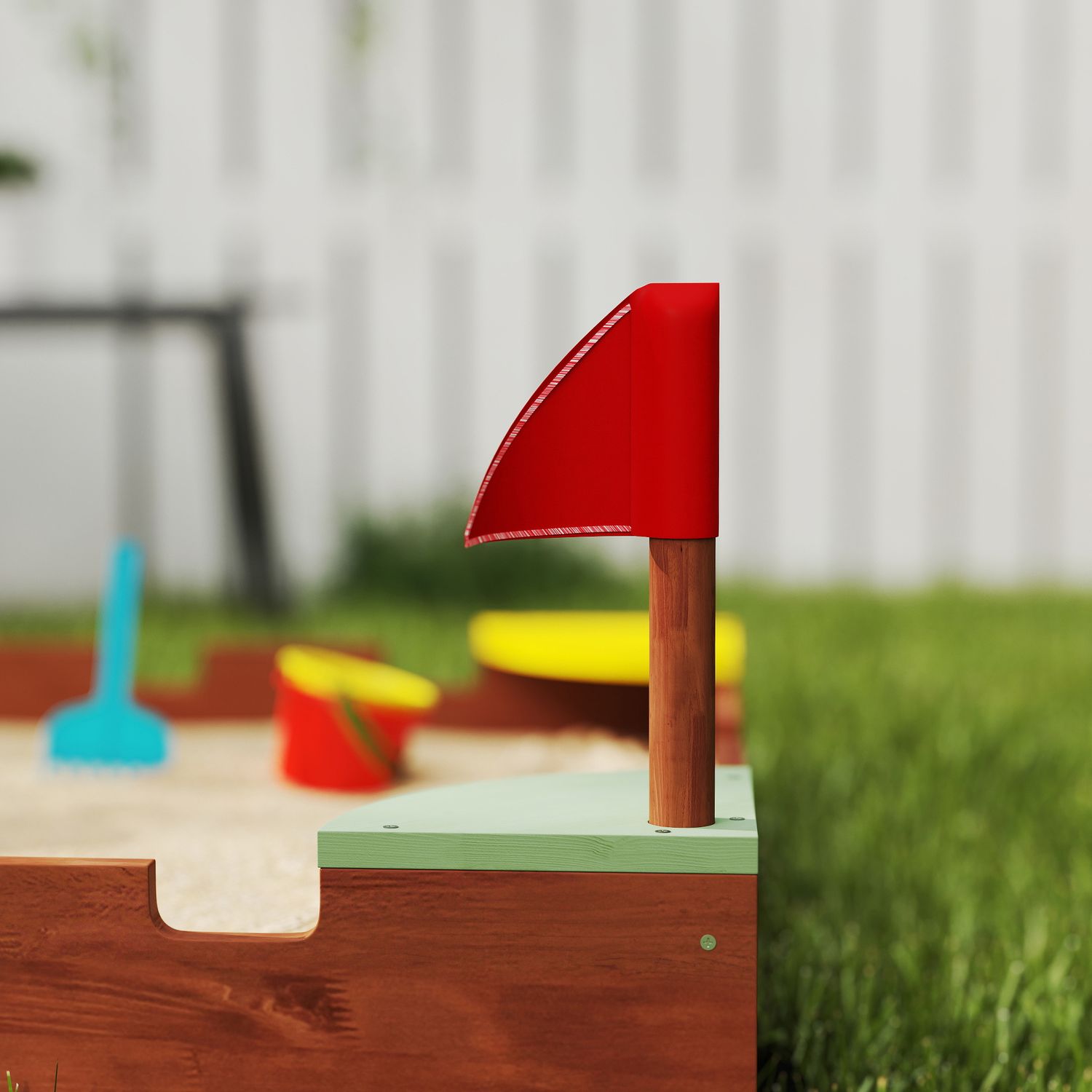 Sabbiera per bambini 3-7 anni a forma di castello con 4 sedute in legno di abete, 90x90x17 cm, multicolore - 