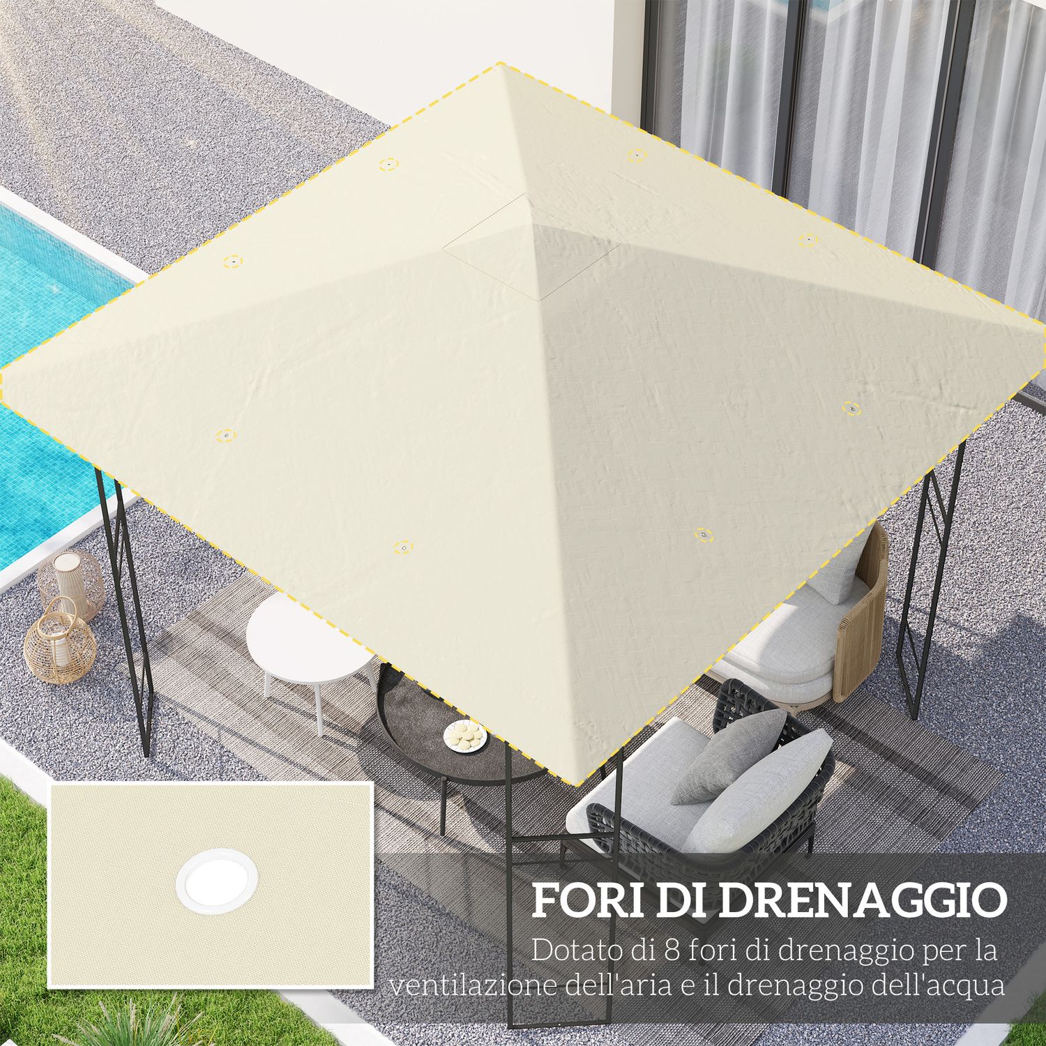 Copertura per gazebo 3x3 m da giardino con 8 fori di drenaggio, in tessuto oxford 600d, bianco crema - 