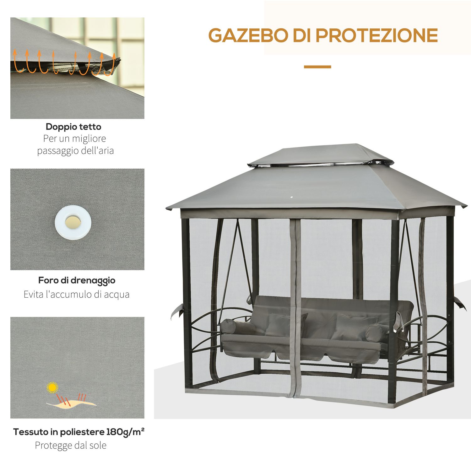 Dondolo da giardino 3 posti lettino e gazebo design 3 in 1 con tettuccio, 256x172x248 cm, grigio scuro - 