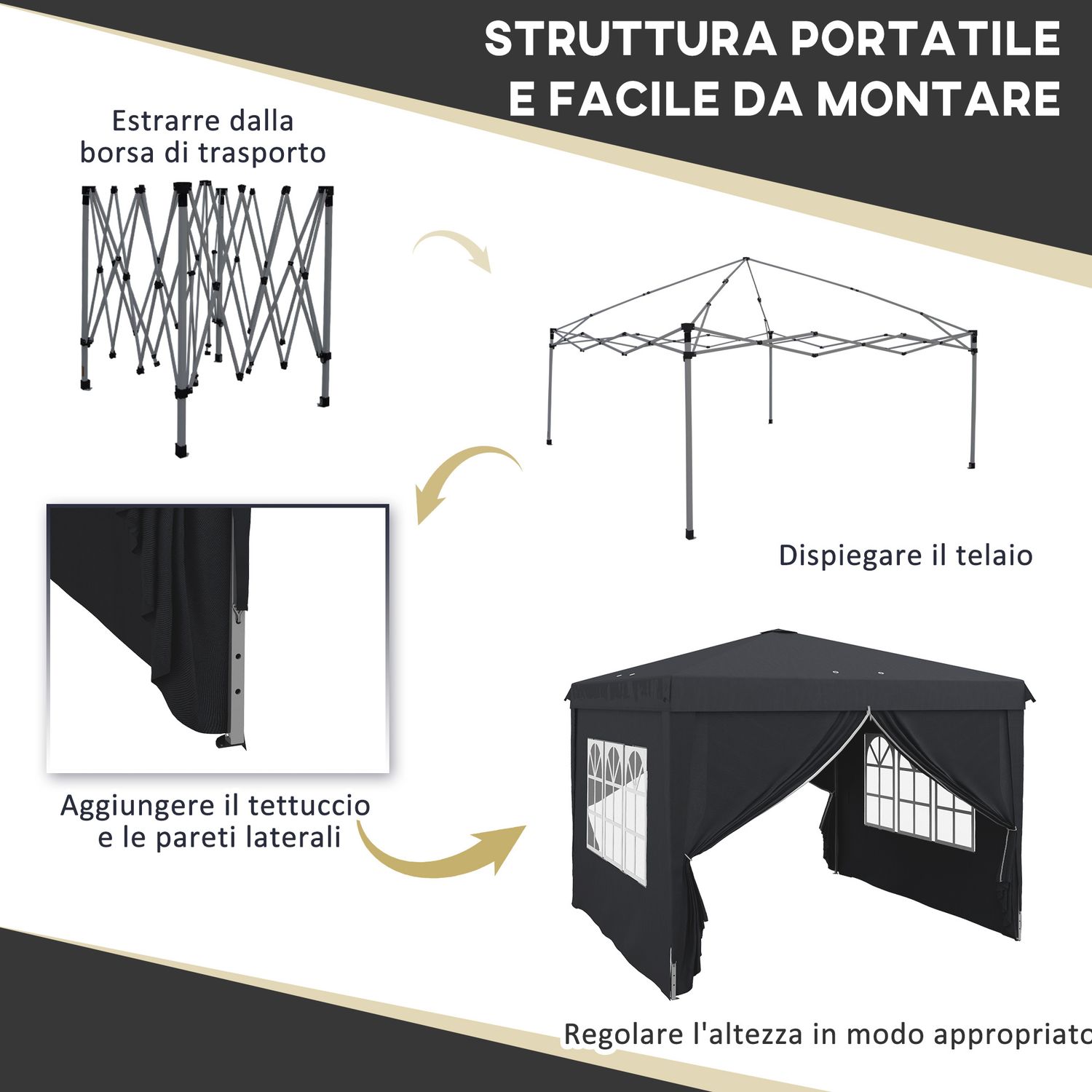 Gazebo 3x3 ad altezza regolabile con fori di drenaggio e borsa da trasporto, in metallo, grigio - 