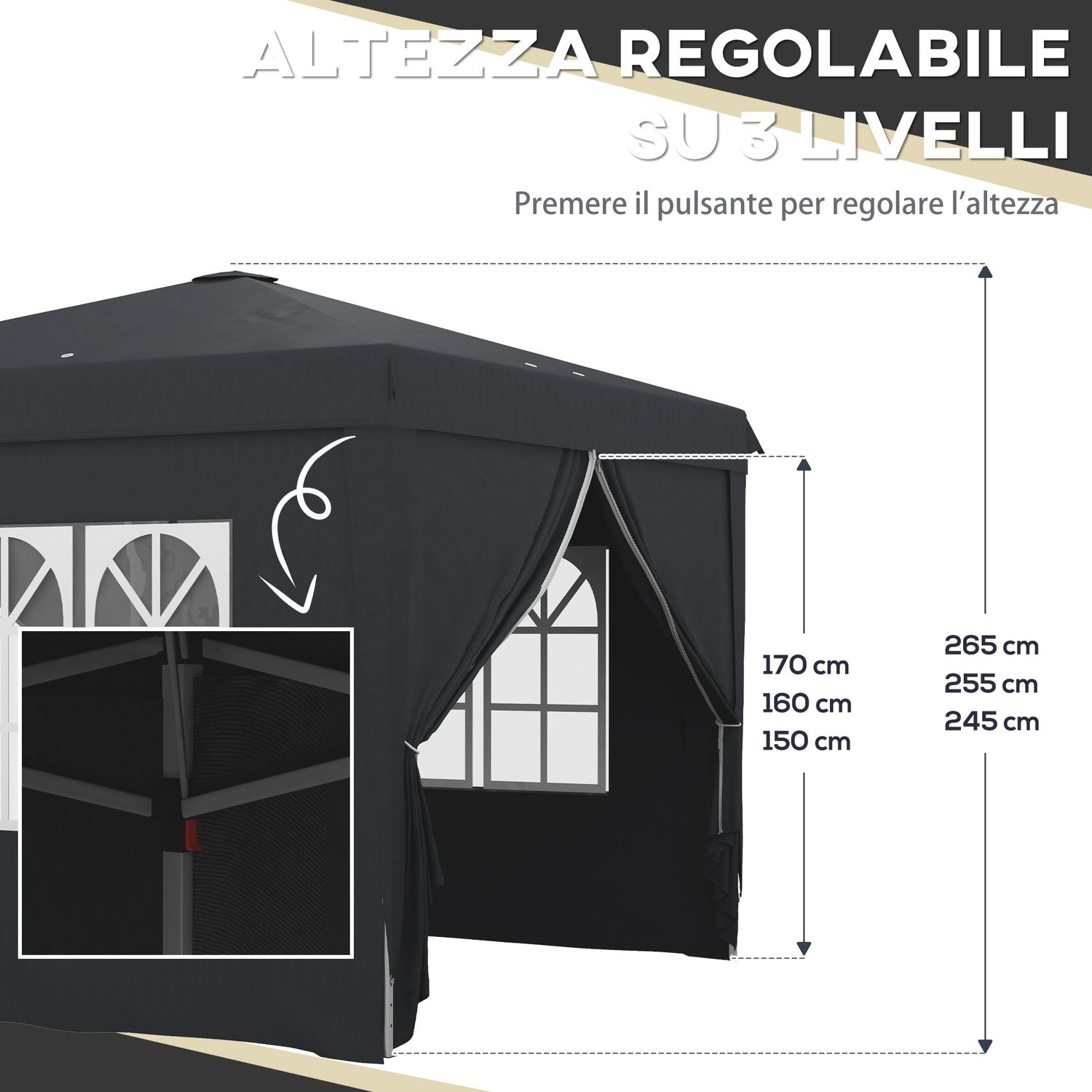 Gazebo 3x3 ad altezza regolabile con fori di drenaggio e borsa da trasporto, in metallo, grigio - 