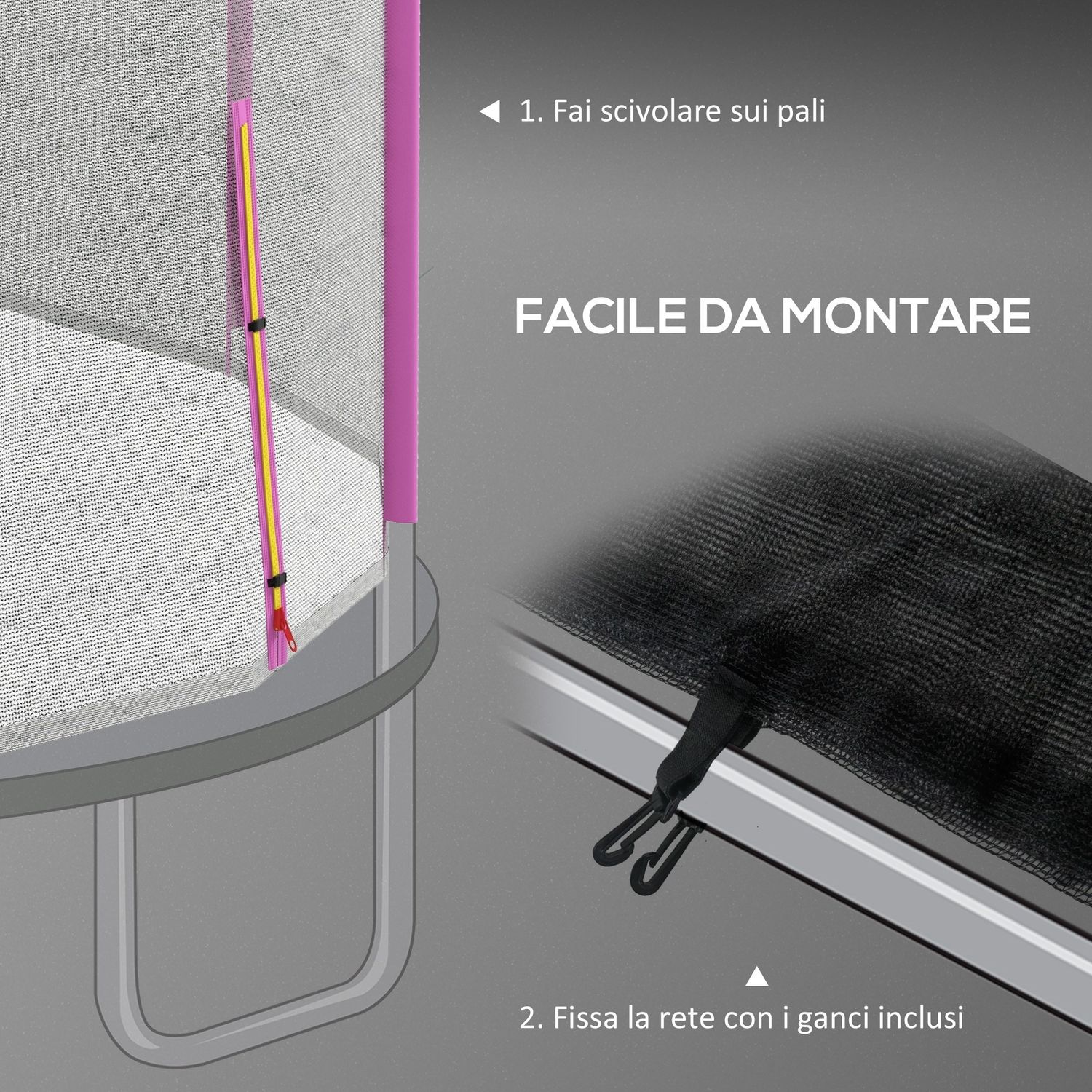 Rete di protezione per trampolini a 8 pali con ingresso con cerniera, in pe, ø366x180 cm, nero e rosa - 