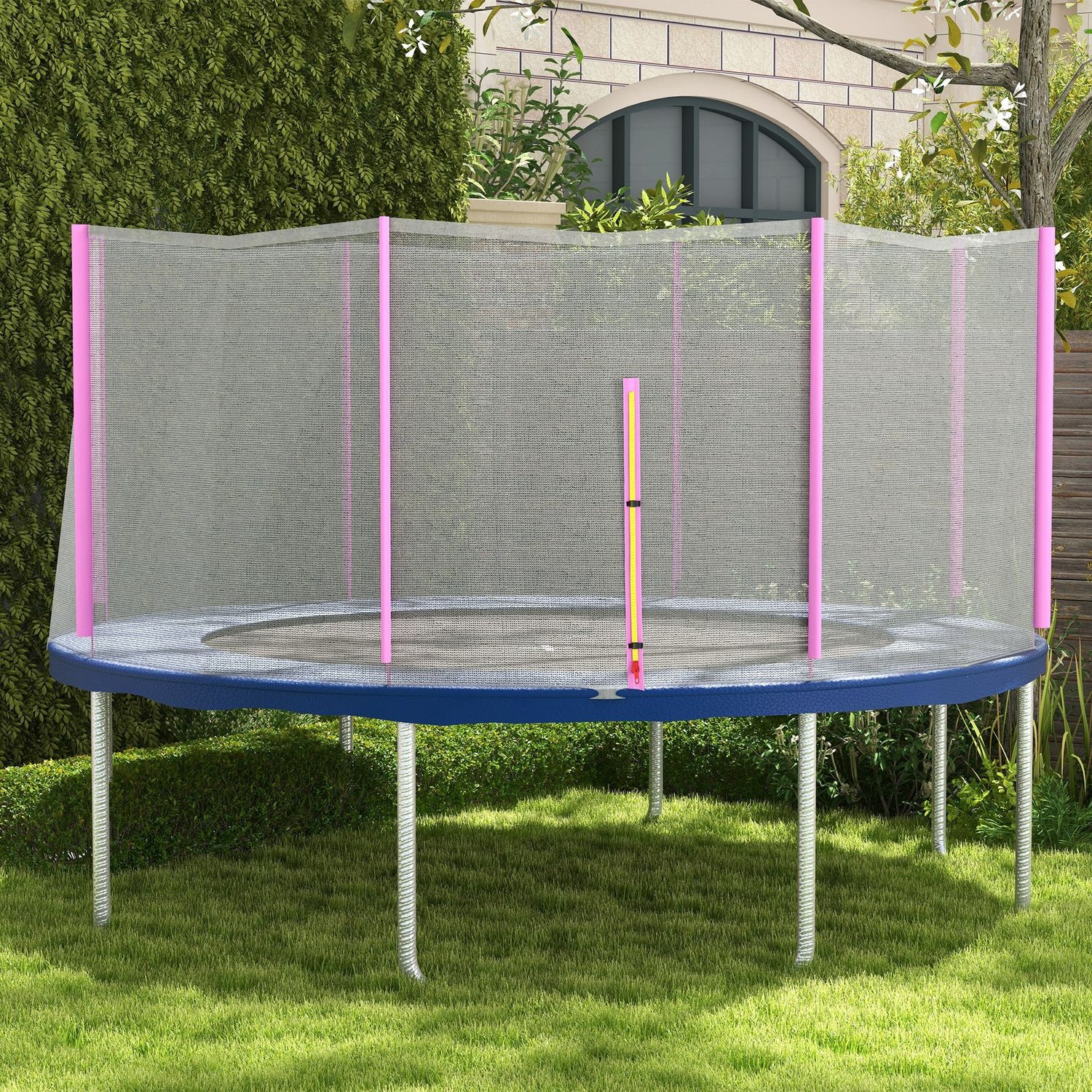 Rete di protezione per trampolini a 8 pali con ingresso con cerniera, in pe, ø366x180 cm, nero e rosa - 