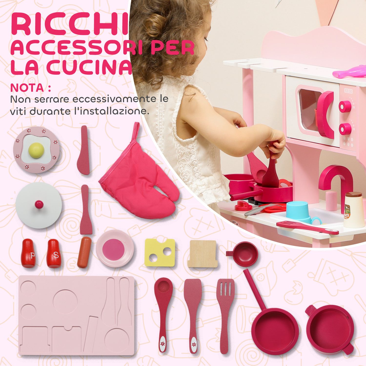 Cucina giocattolo per bambini 3+ anni con microonde, piano cottura e lavandino, in legno, 55x24x86 cm, rosa - 