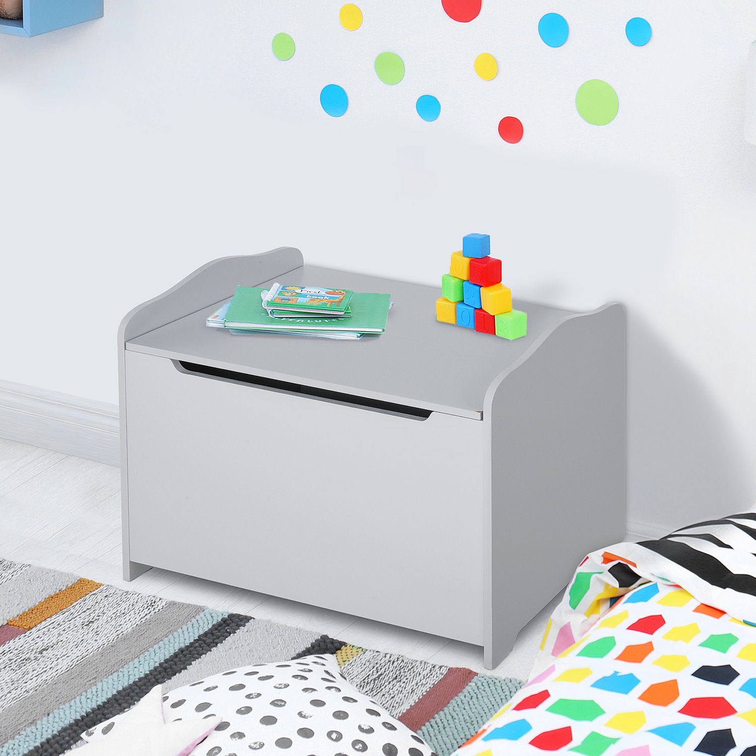 Cassapanca portagiochi in legno, panca contenitore per cameretta coperchio con pistone pneumatico, 60x40x48cm, grigio - 