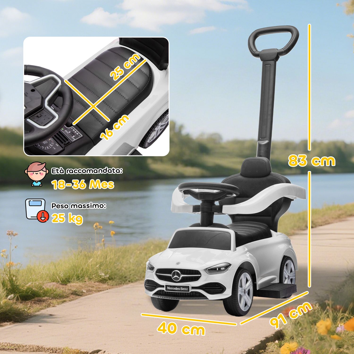 Macchina cavalcabile per bambini 1-3 anni convertibile in passeggino con licenza mercedes, 91x40x83 cm, bianco - 