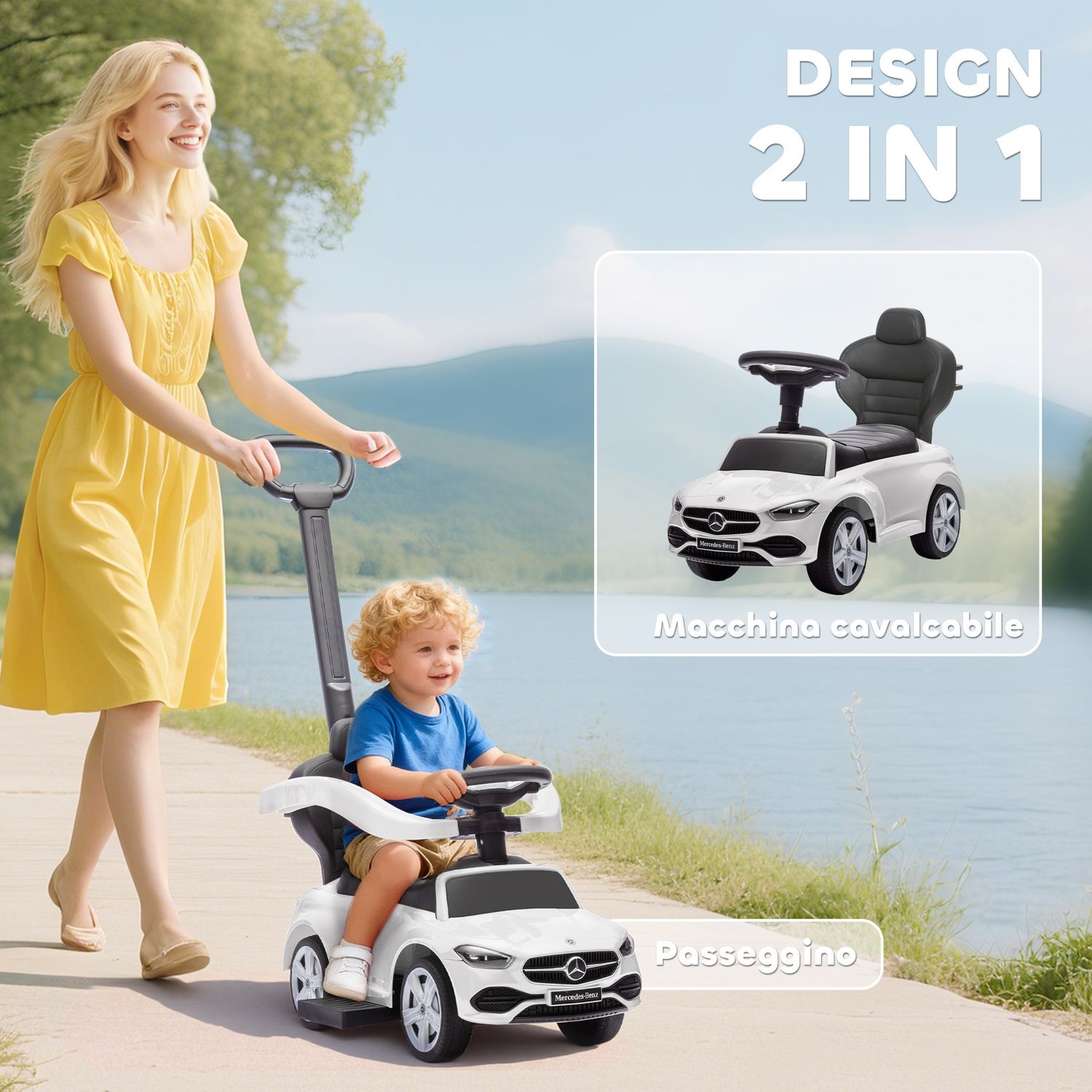 Macchina cavalcabile per bambini 1-3 anni convertibile in passeggino con licenza mercedes, 91x40x83 cm, bianco - 