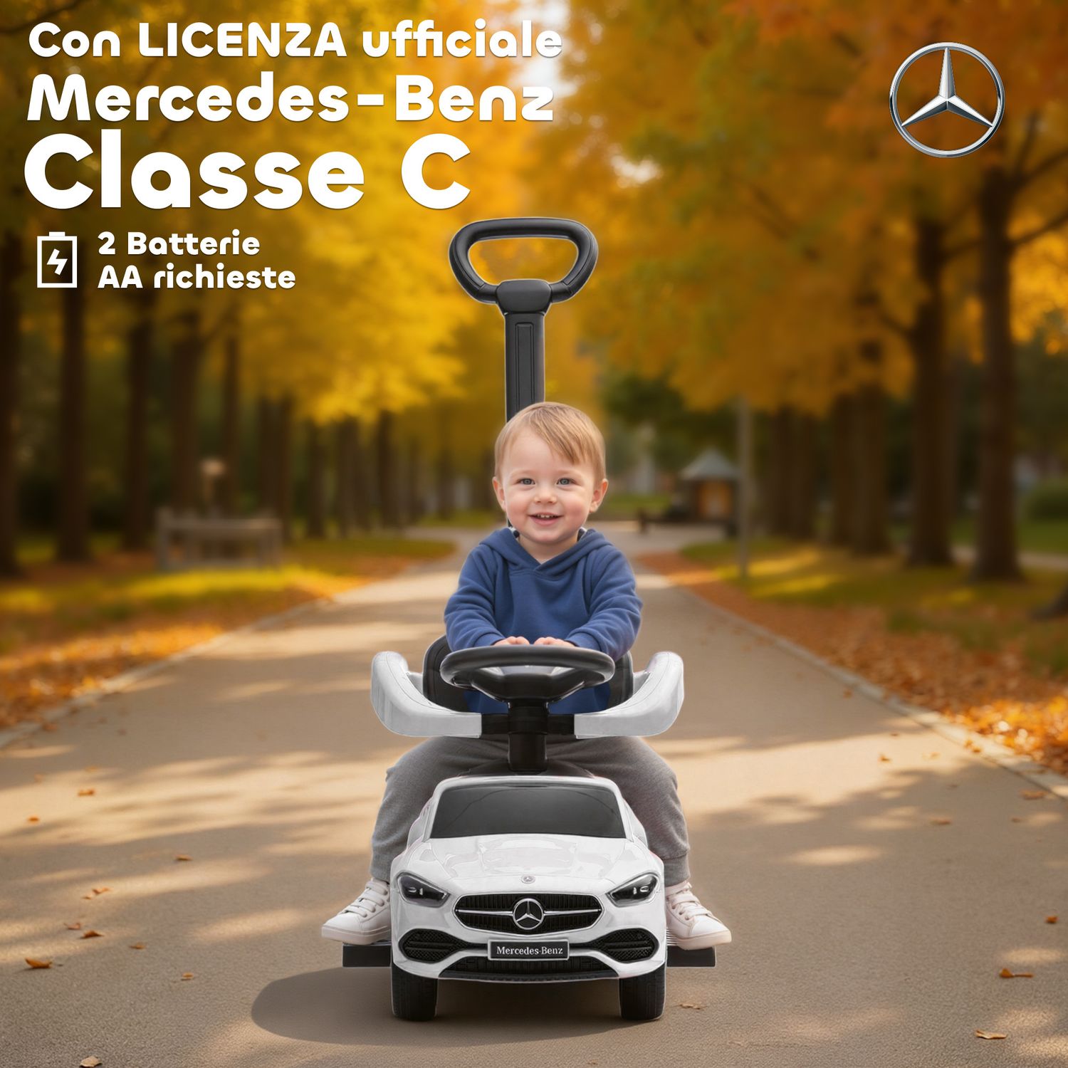 Macchina cavalcabile per bambini 1-3 anni convertibile in passeggino con licenza mercedes, 91x40x83 cm, bianco - 