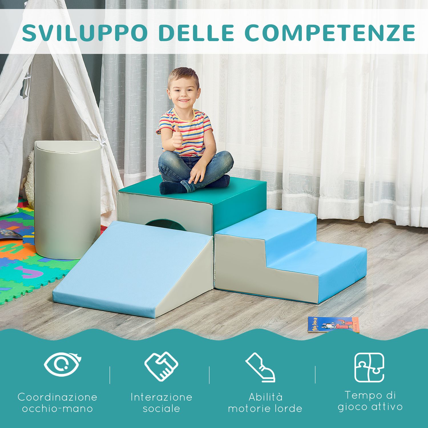 Set 4 blocchi di costruzioni morbidi per bambini da 1-3 anni modulabile, multicolore - 