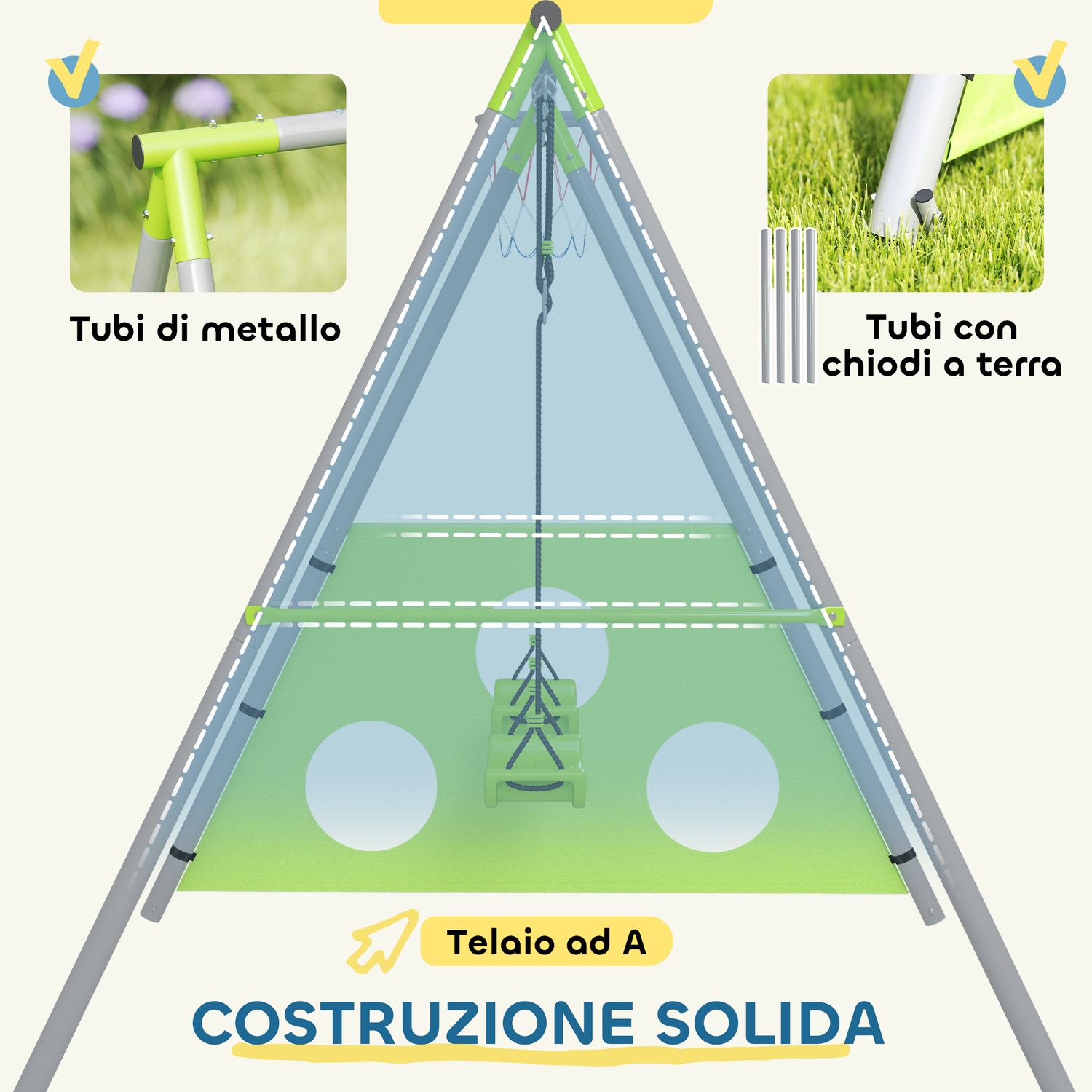 Gioco per bambini 3 in 1 con altalena da giardino, canestro e porta da calcio, 238x180x182 cm,, verde e grigio - 