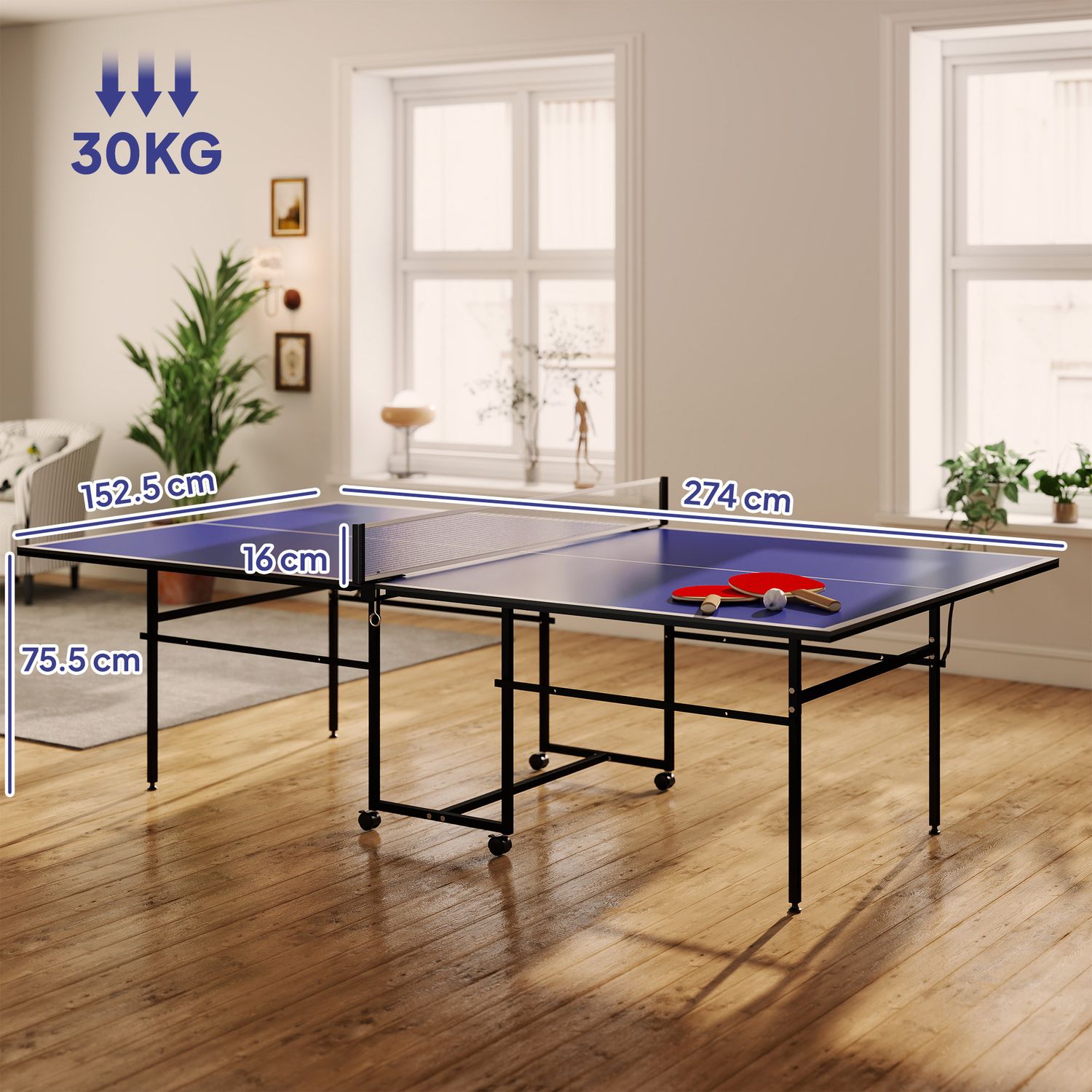 Tavolo da ping pong pieghevole per interni con ruote girevoli, rete, racchette e palline, blu - 