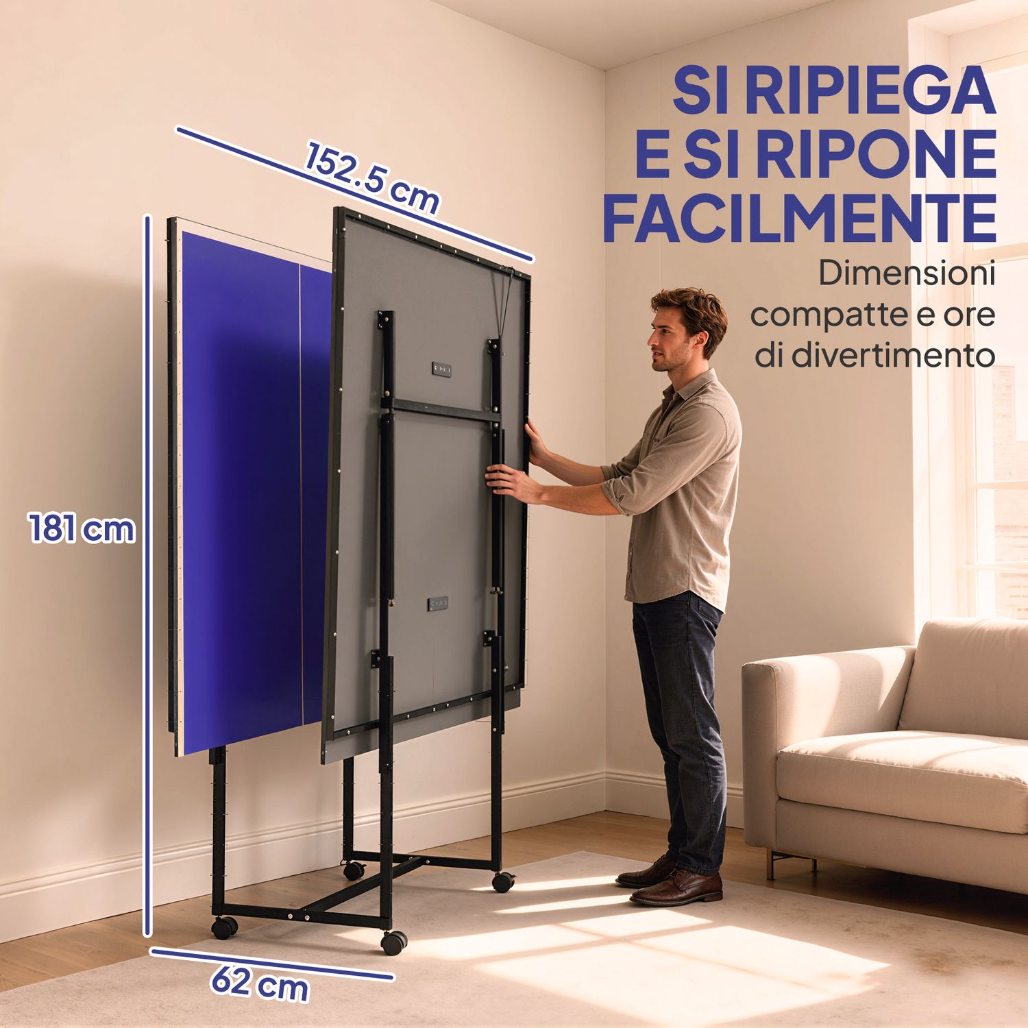 Tavolo da ping pong pieghevole per interni con ruote girevoli, rete, racchette e palline, blu - 