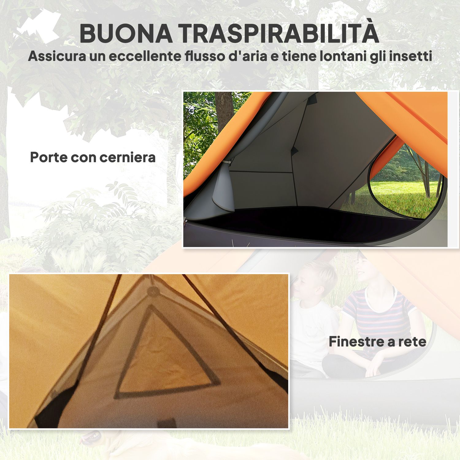 Tenda da campeggio 2 posti con 2 vestiboli, 2 porte, 2 finestre e borsa di trasporto, 2.8x2.25x1.1 cm, arancione - 