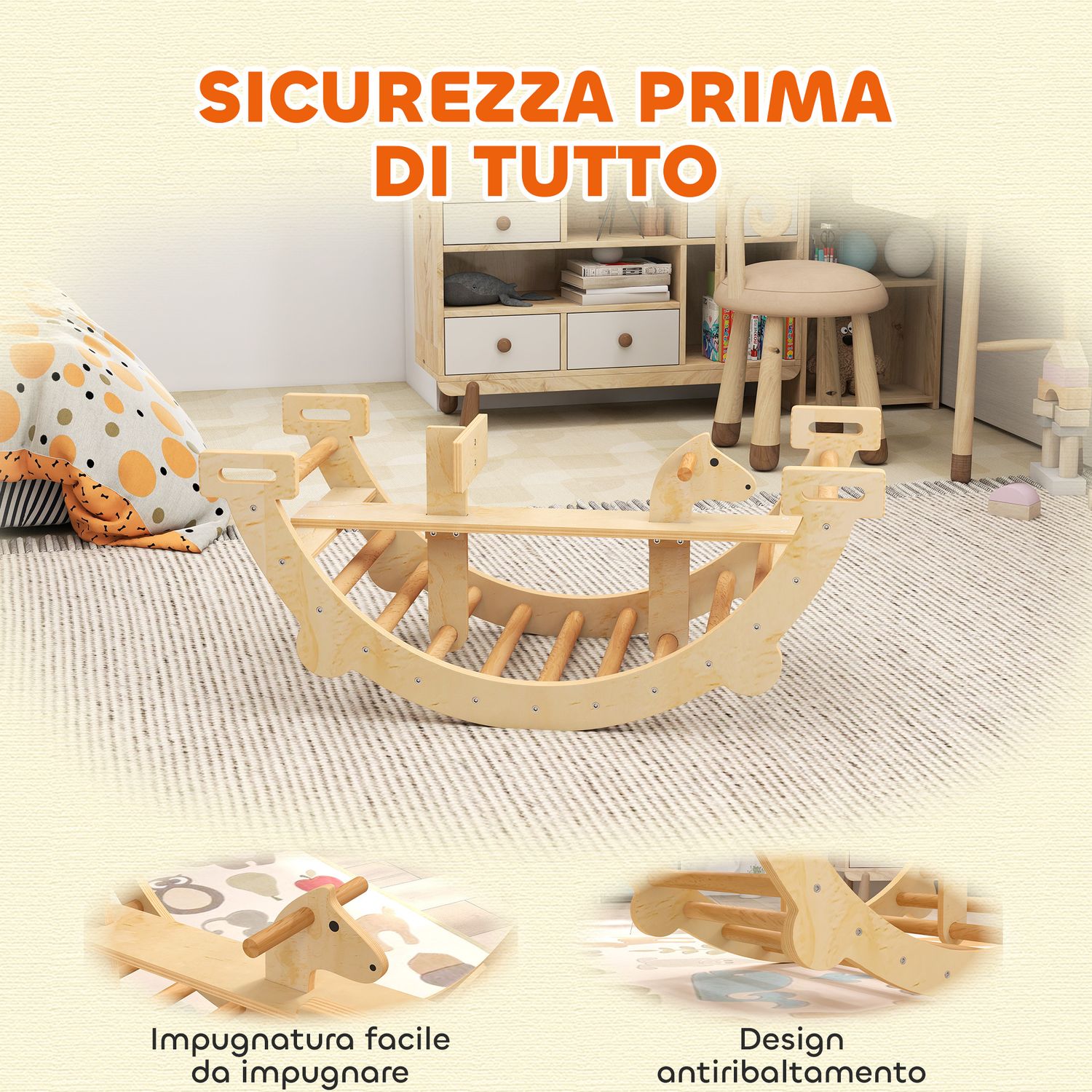 Arco montessori in legno per bambini 2-4 anni convertibile in dondolo 110x52x45 cm, color legno - 
