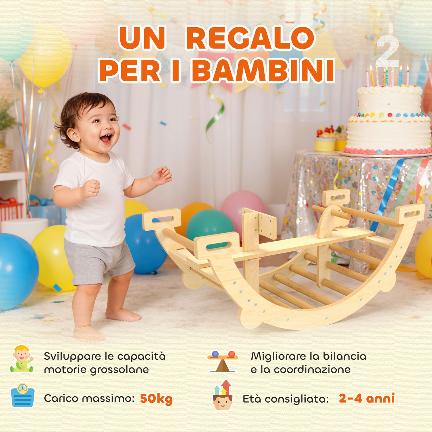Arco montessori in legno per bambini 2-4 anni convertibile in dondolo 110x52x45 cm, color legno - 