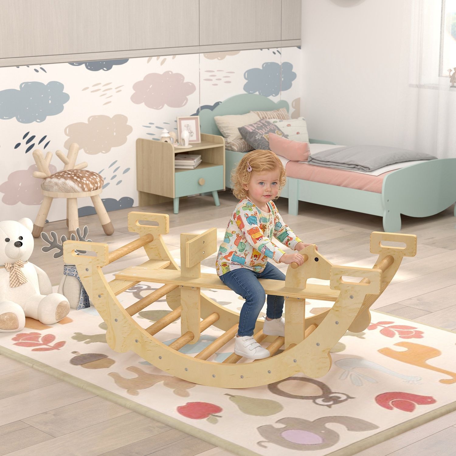 Arco montessori in legno per bambini 2-4 anni convertibile in dondolo 110x52x45 cm, color legno - 