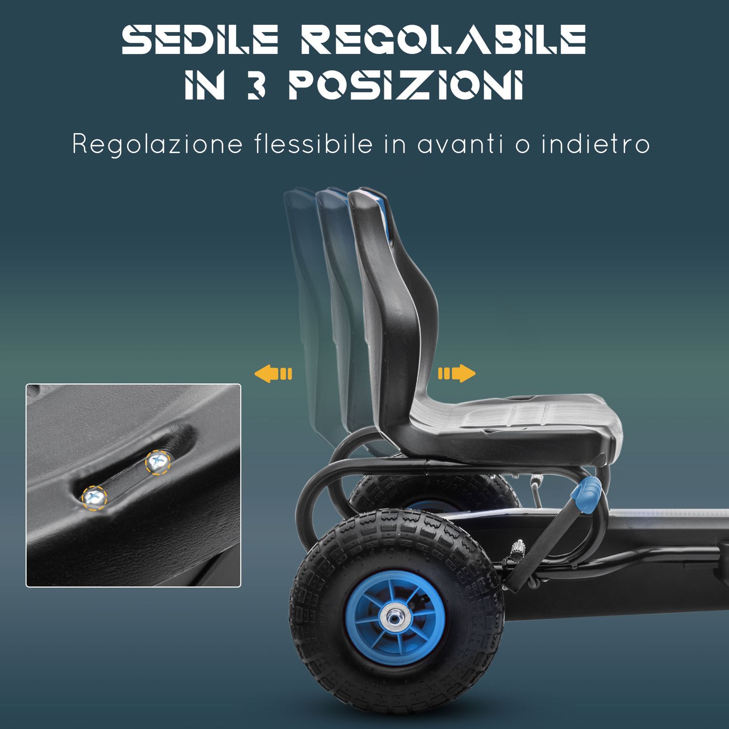 Go kart a pedali per bambini da 5-12 anni con sedile regolabile e ruote in gonfiabili, blu - 