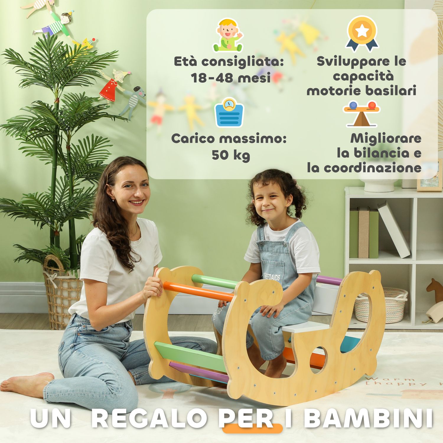 Gioco per bambini 2 in 1 arco montessoriano e sedia a dondolo per uso interno, in legno di pino, 91x41x48 cm - 