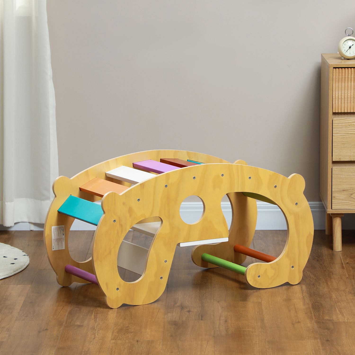 Gioco per bambini 2 in 1 arco montessoriano e sedia a dondolo per uso interno, in legno di pino, 91x41x48 cm - 