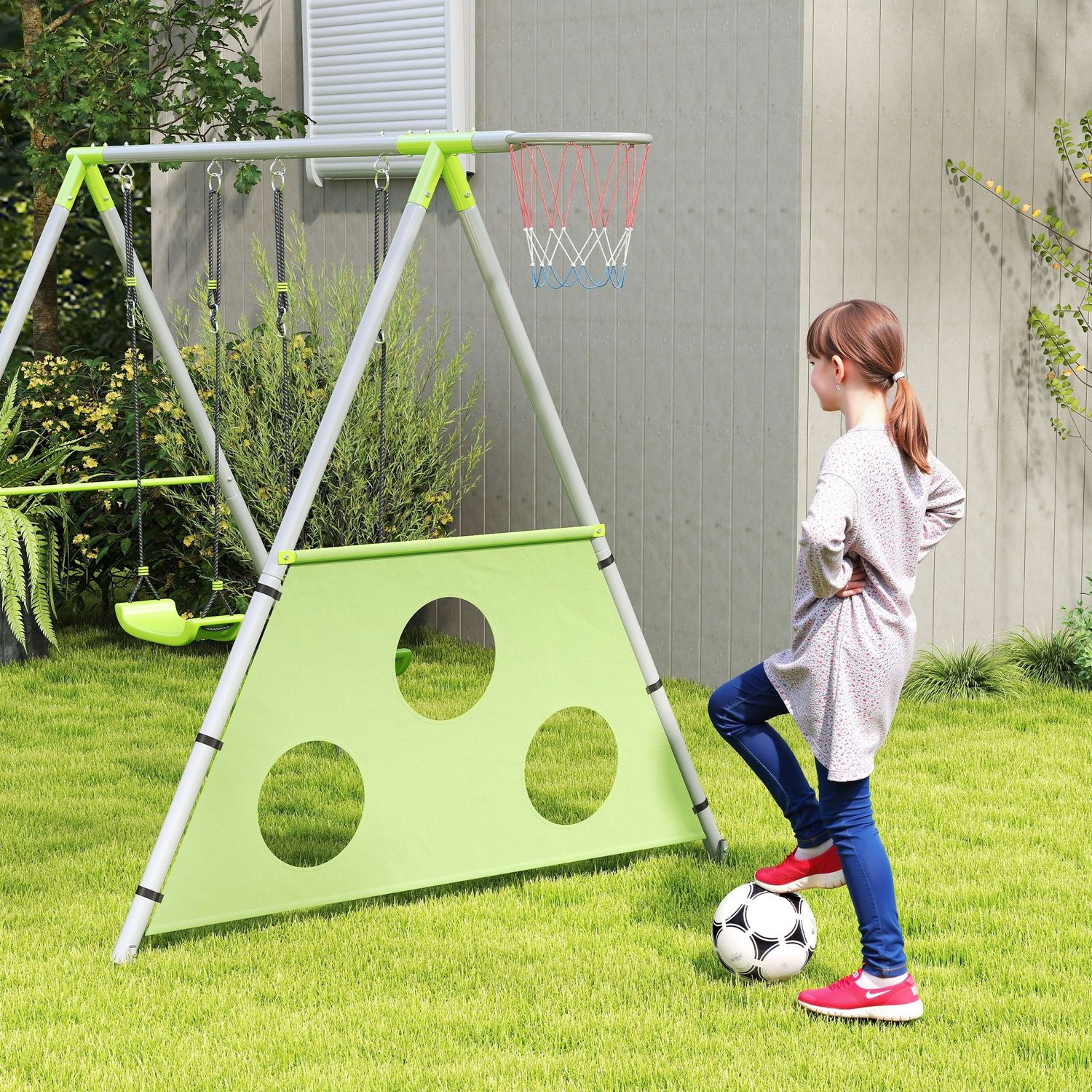 Gioco per bambini 3 in 1 con altalena da giardino, canestro e porta da calcio, 238x180x182 cm,, verde e grigio - 