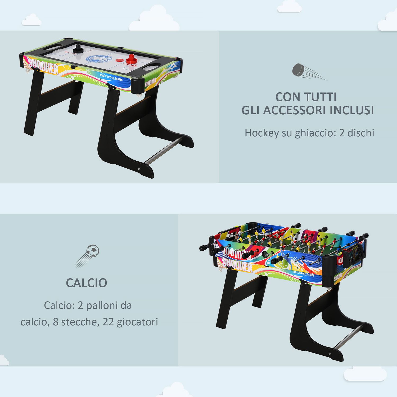 Tavolo da gioco 4 in 1 pieghevole per calcio-balilla, biliardo, air hockey e ping pong, in mdf e plastica - 