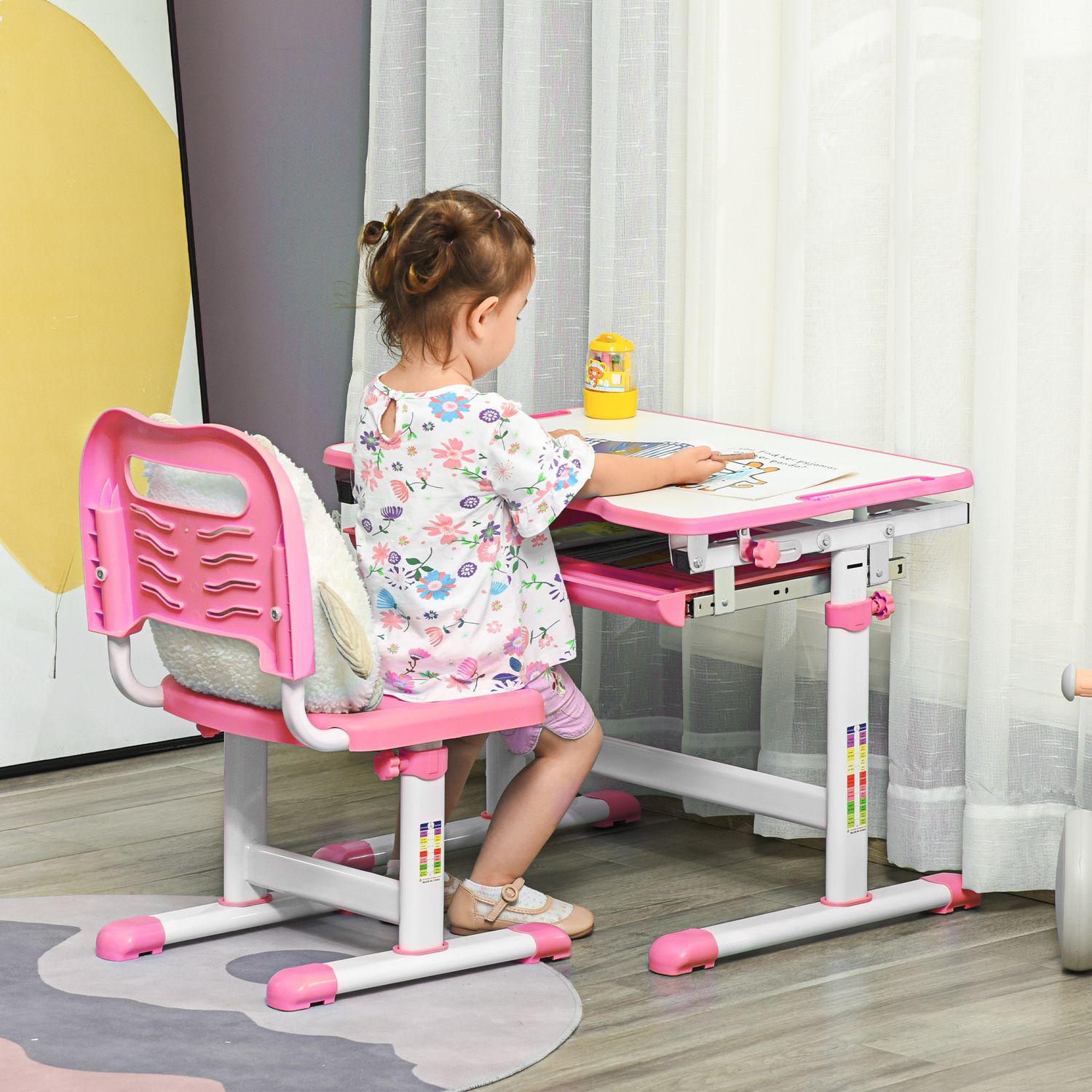 Banco scuola per bambini 6-12 anni con sedia e altezza regolabile, piano inclinabile, 66x47x52-77 cm, rosa - 